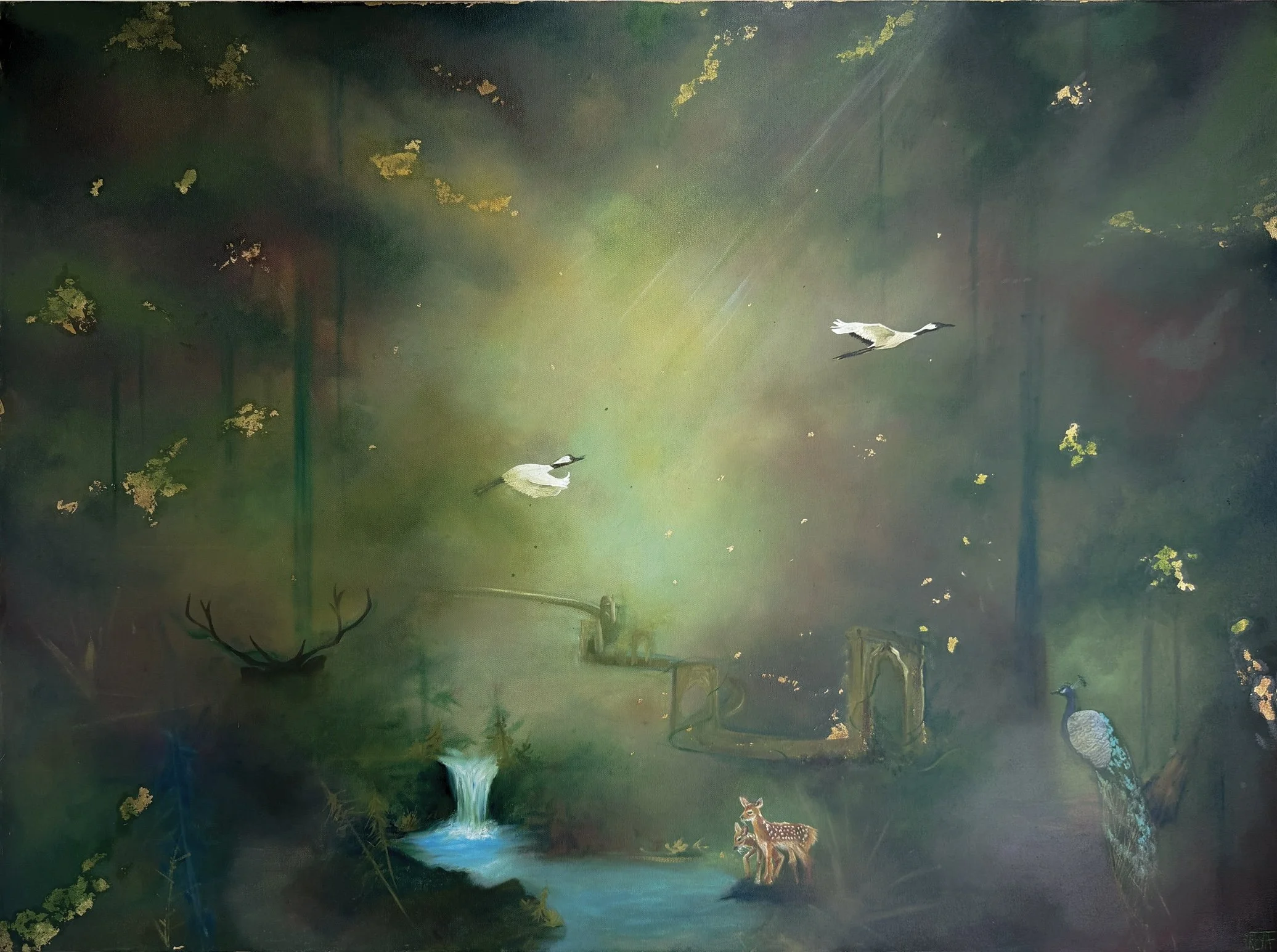 A watercolor painting of a serene natural scene featuring two cranes flying in the sky, a small waterfall entering a pond, with trees, a deer, and a fox near the water, all set in a calm forest background with soft lighting.