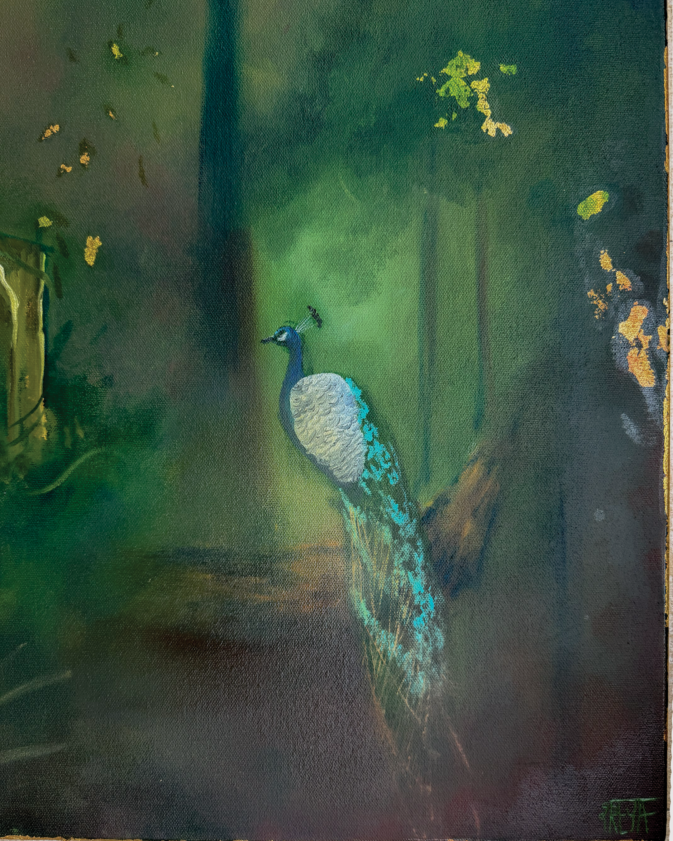 A painting of a peacock with a green background, featuring the peacock's white body and blue head, with its tail feathers fanned out in blue and black.
