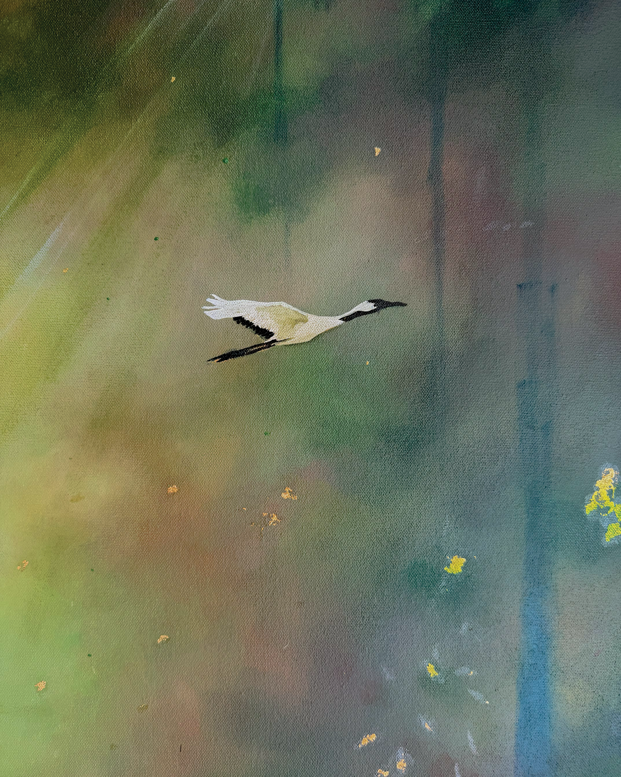 Painting of a heron standing in water with green and blue hues, small yellow flowers or leaves on the water surface.