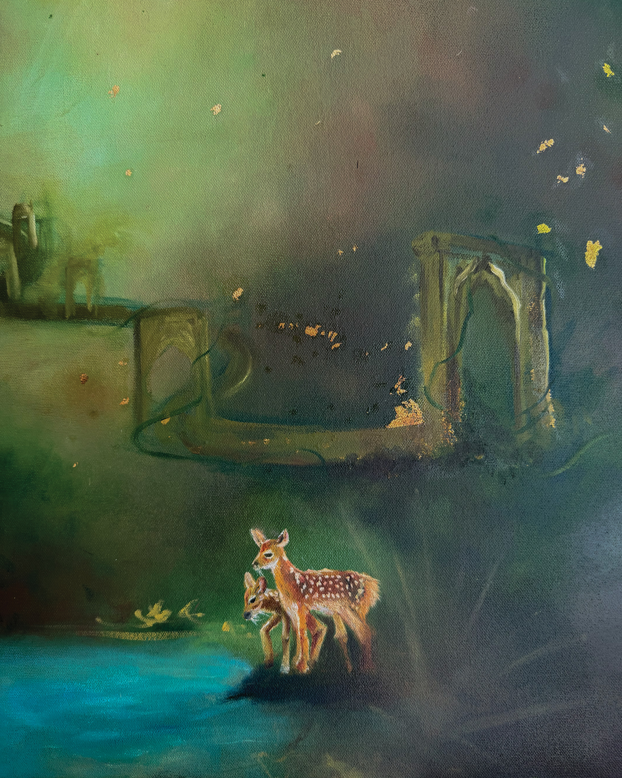 A painting showing a deer with two fawns in a green outdoor setting, with trees and a structure in the background.