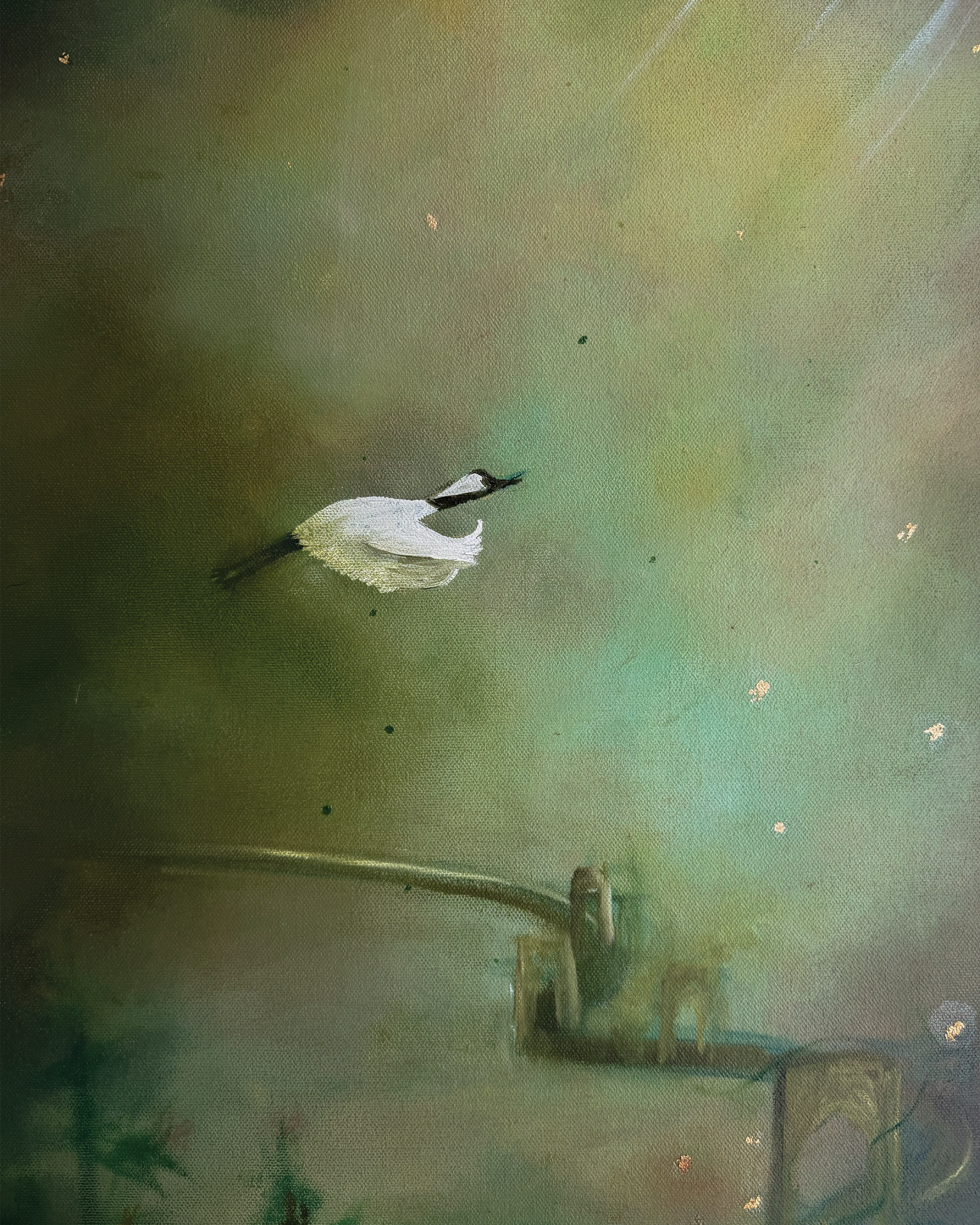 A close-up of a painting of a white bird with a black beak and black legs, standing on greenish water.