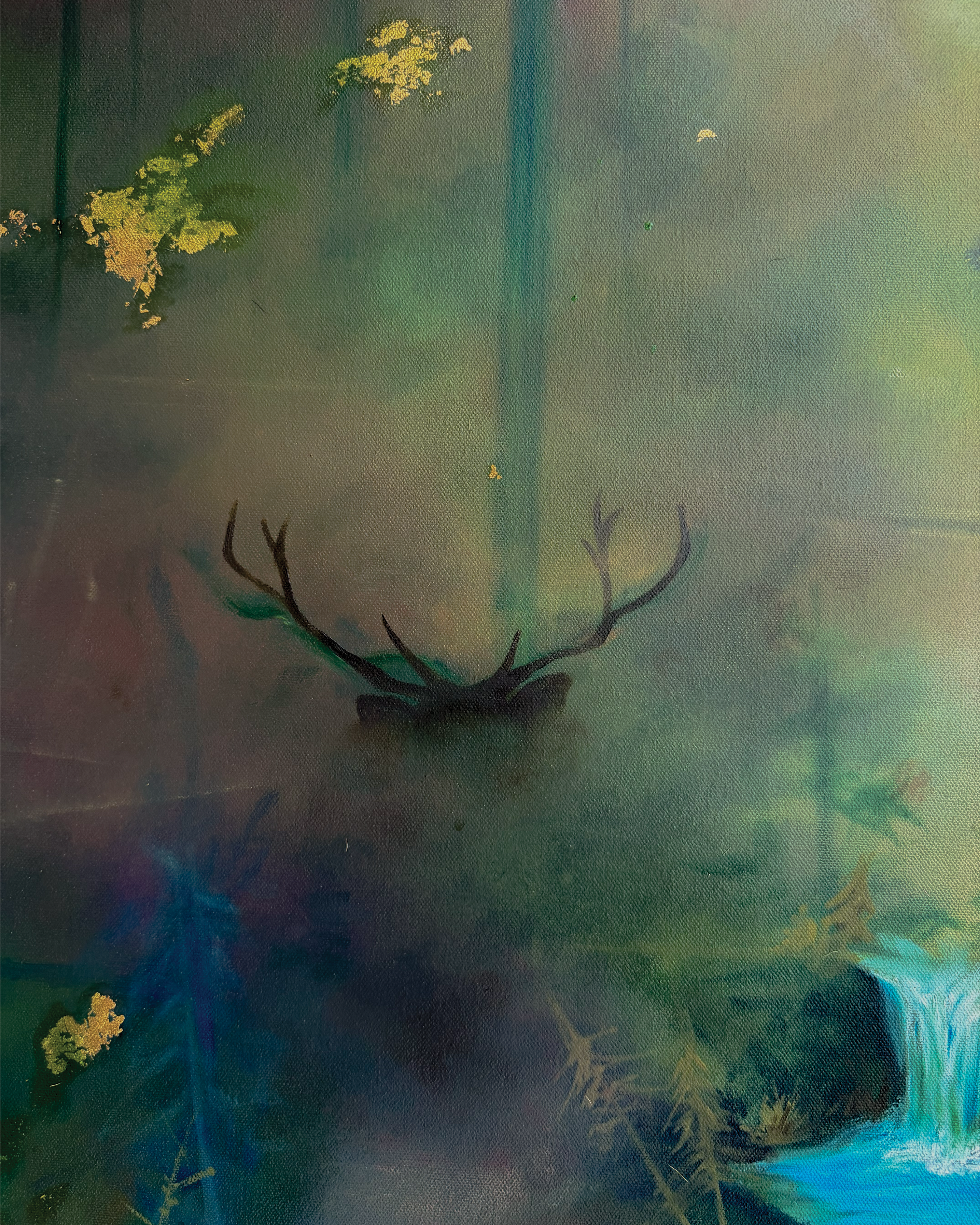 Abstract painting with dark blue, green, yellow, and teal brushstrokes and spots, with some gold leaf accents.
