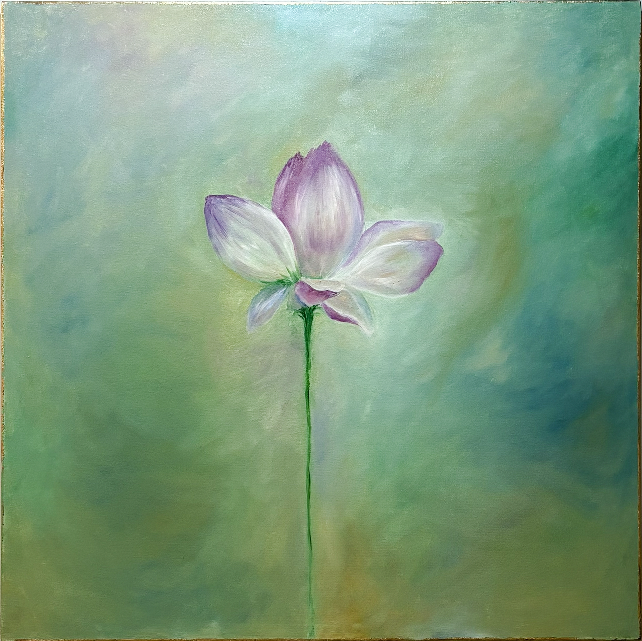 A painting of a flower with purple and white petals set against a soft green background.
