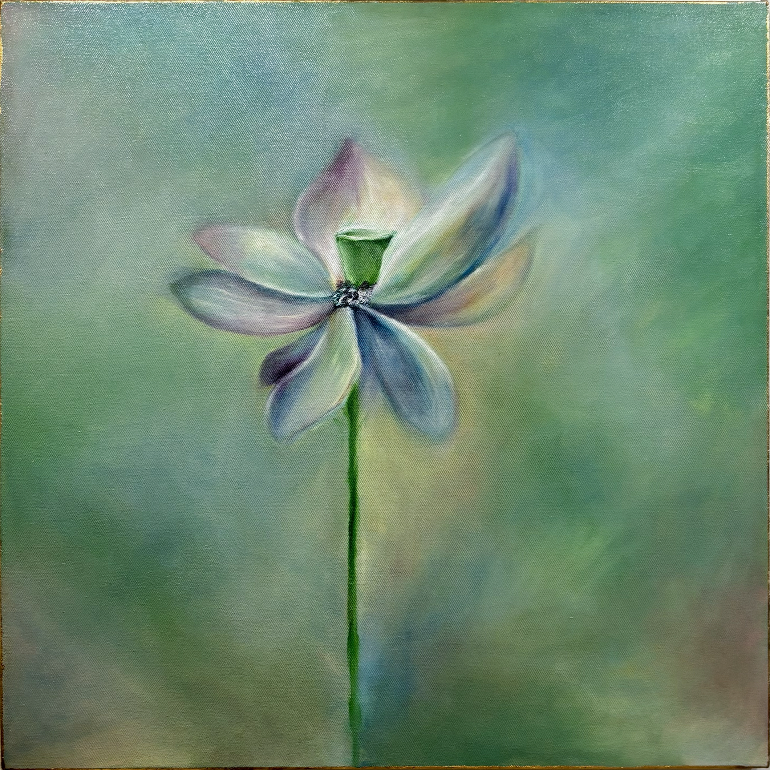 A watercolor painting of a single flower with soft, pastel petals that blend shades of white, pink, purple, blue, and green, set against a blurry green background.