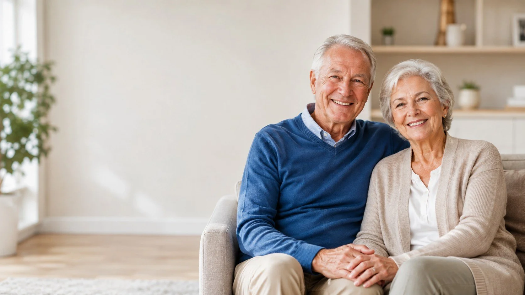 A senior couple sitting closely together on a beige sofa in a bright living room, smiling and holding hands.