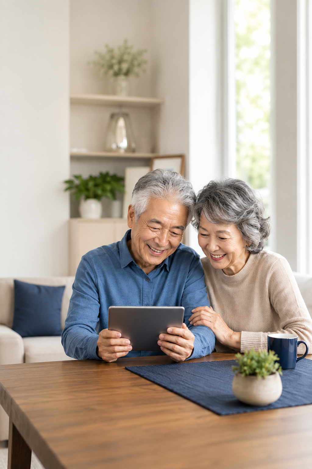 An elderly couple sitting at a wooden table, looking at a tablet and smiling together in a bright living room.