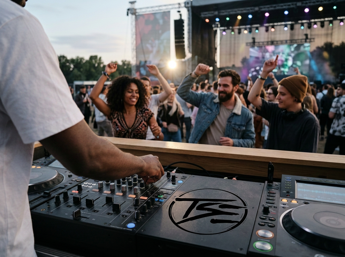 People dancing and enjoying music at an outdoor concert with a DJ playing in the foreground, stage with colorful lights in the background.