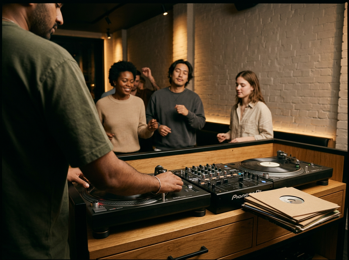 A DJ is using turntables and a mixer to play music at a social gathering, with four people dancing and enjoying the music in a dimly lit room with exposed brick walls.