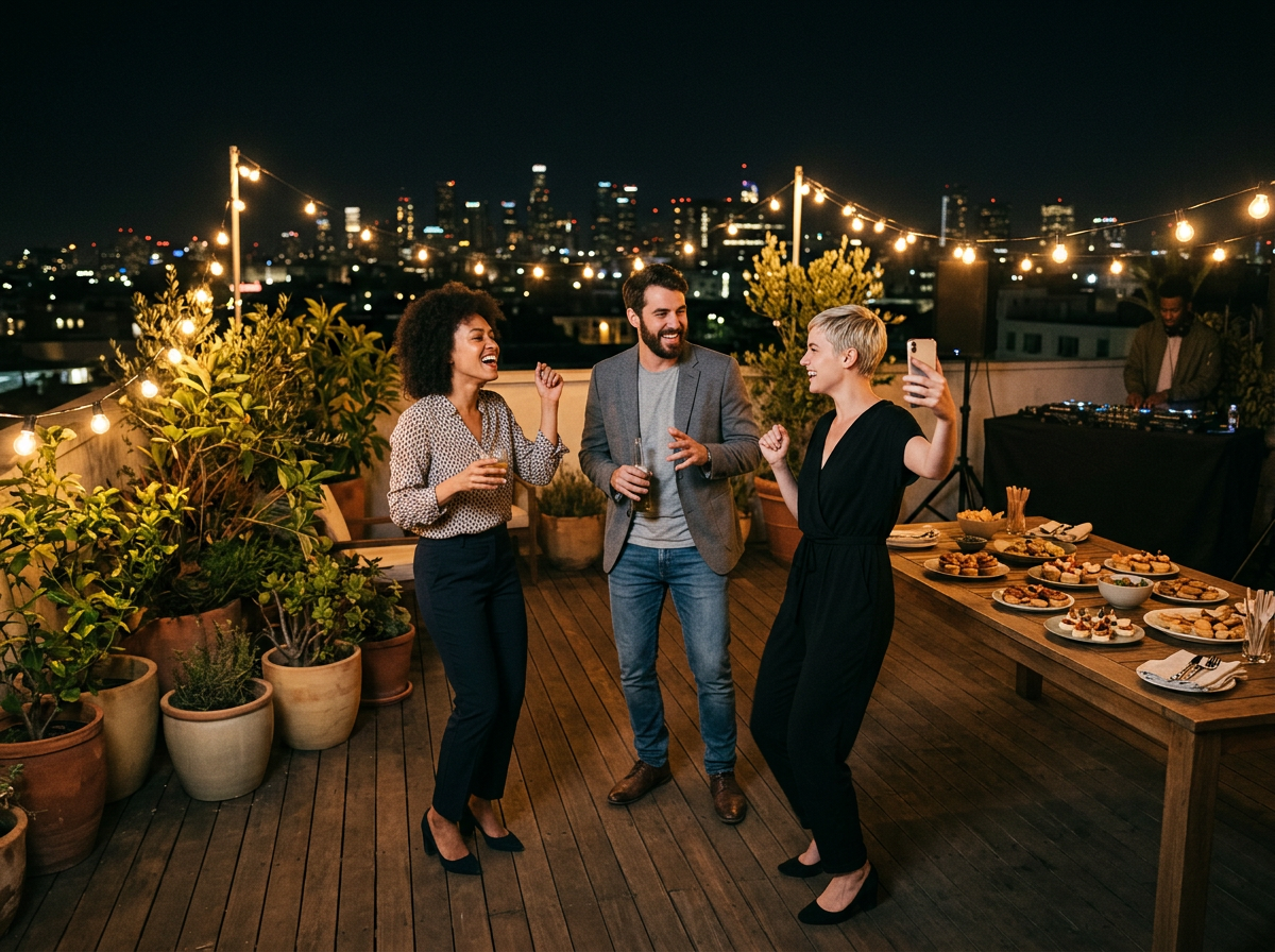 Three people dancing and having fun on a rooftop at night with city skyline in the background, string lights above, and a table of snacks and drinks nearby.