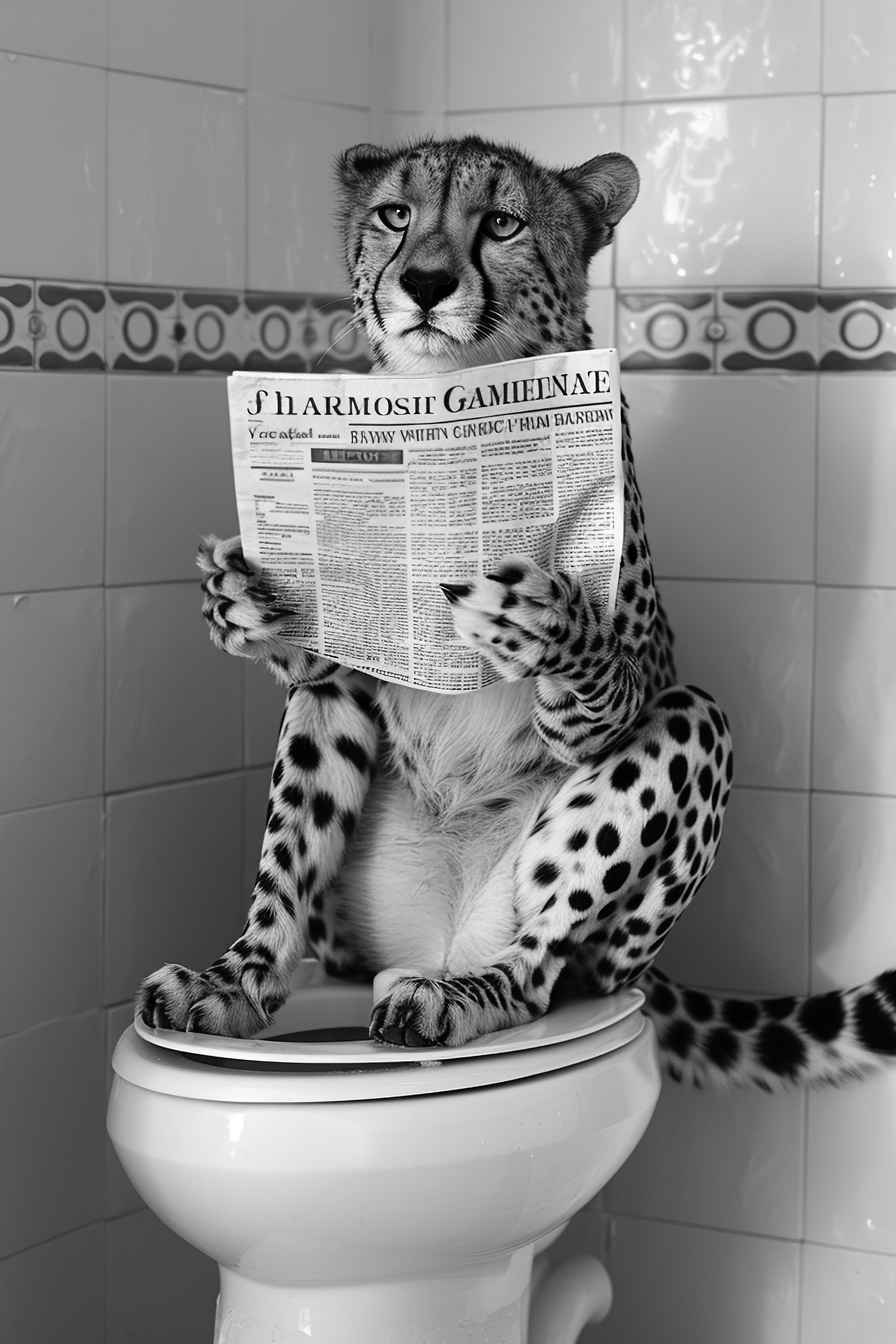 Cheetah sat on the toilet bathroom fun