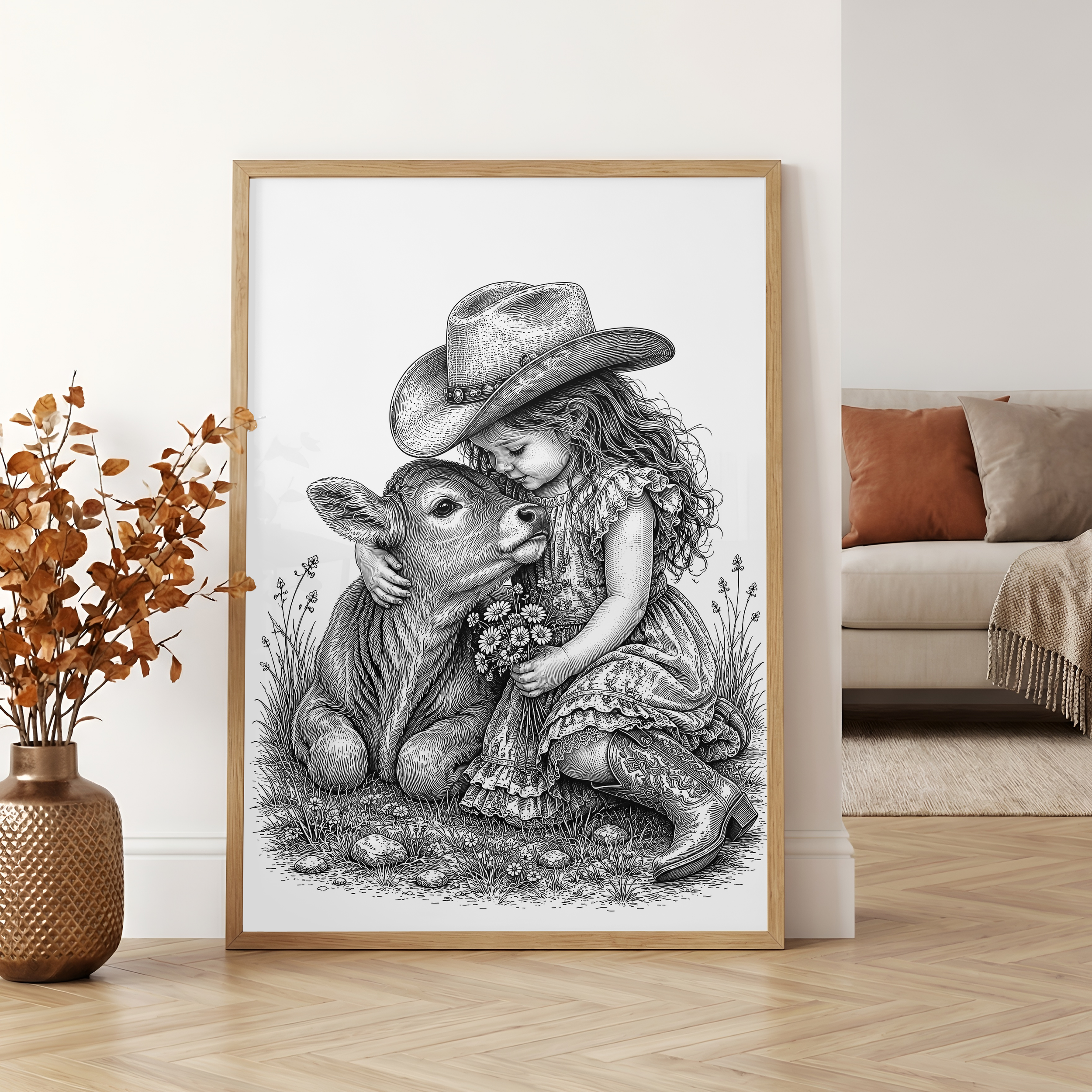 Cowgirl Cuddling a Highland Cow Calf Art Print or Poster