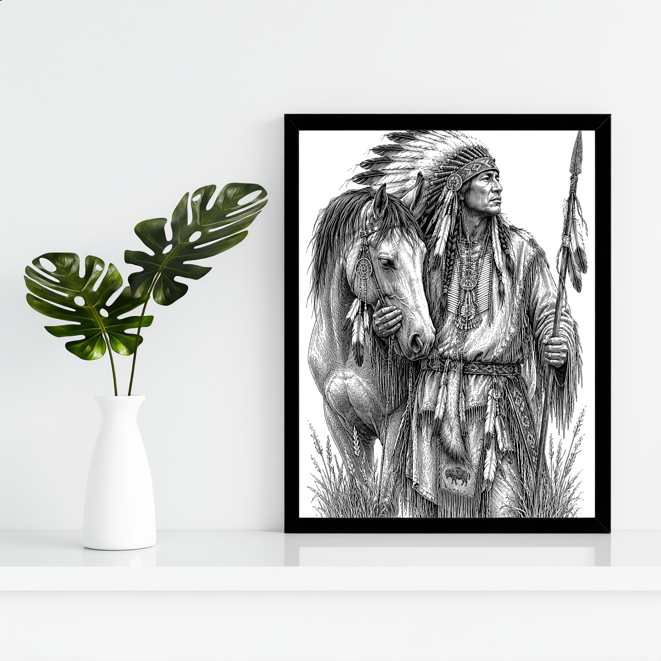 Native American Chief with His Faithful Horse Wall Art Print