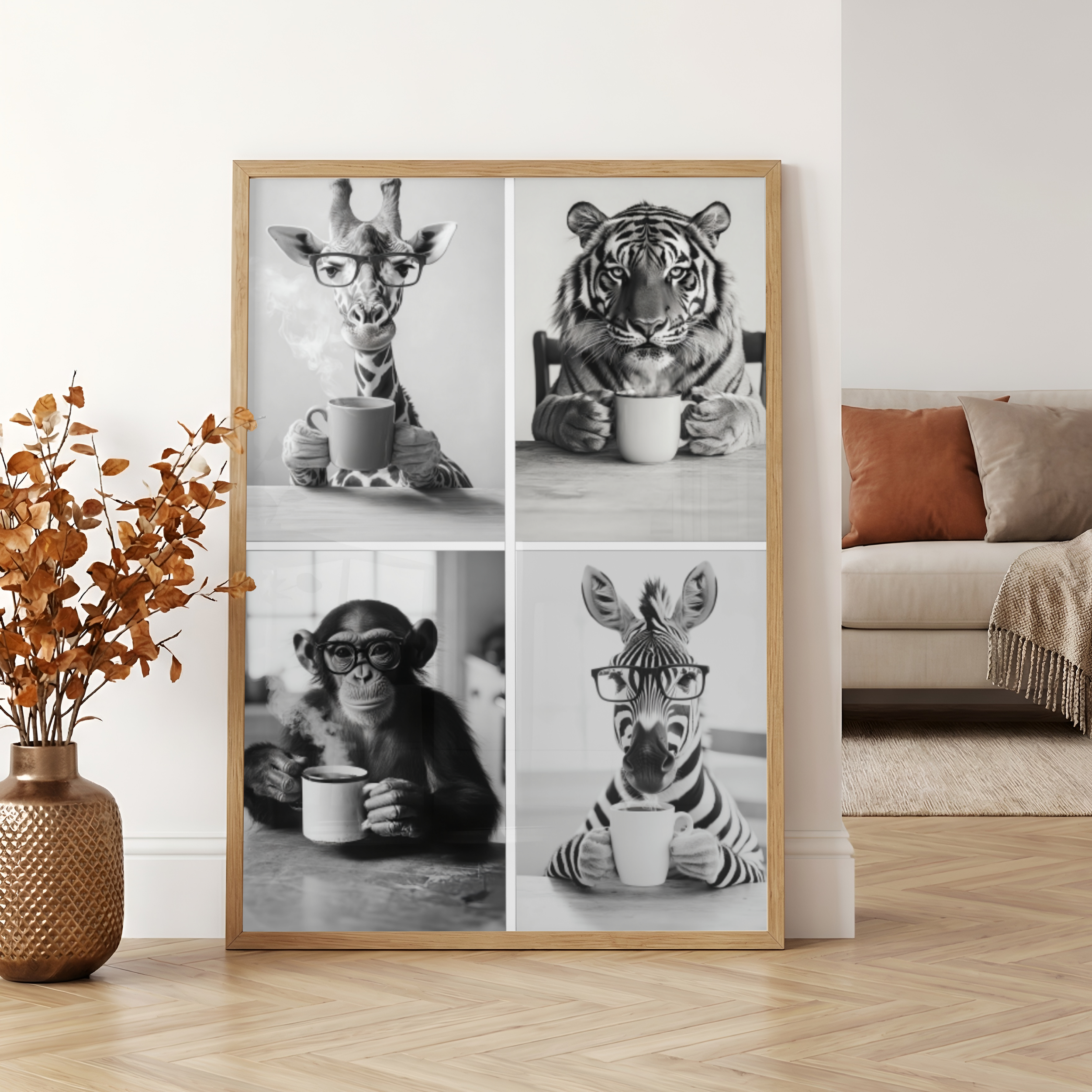 Zebra,Giraffe,Monkey, Tiger Drinking Coffee