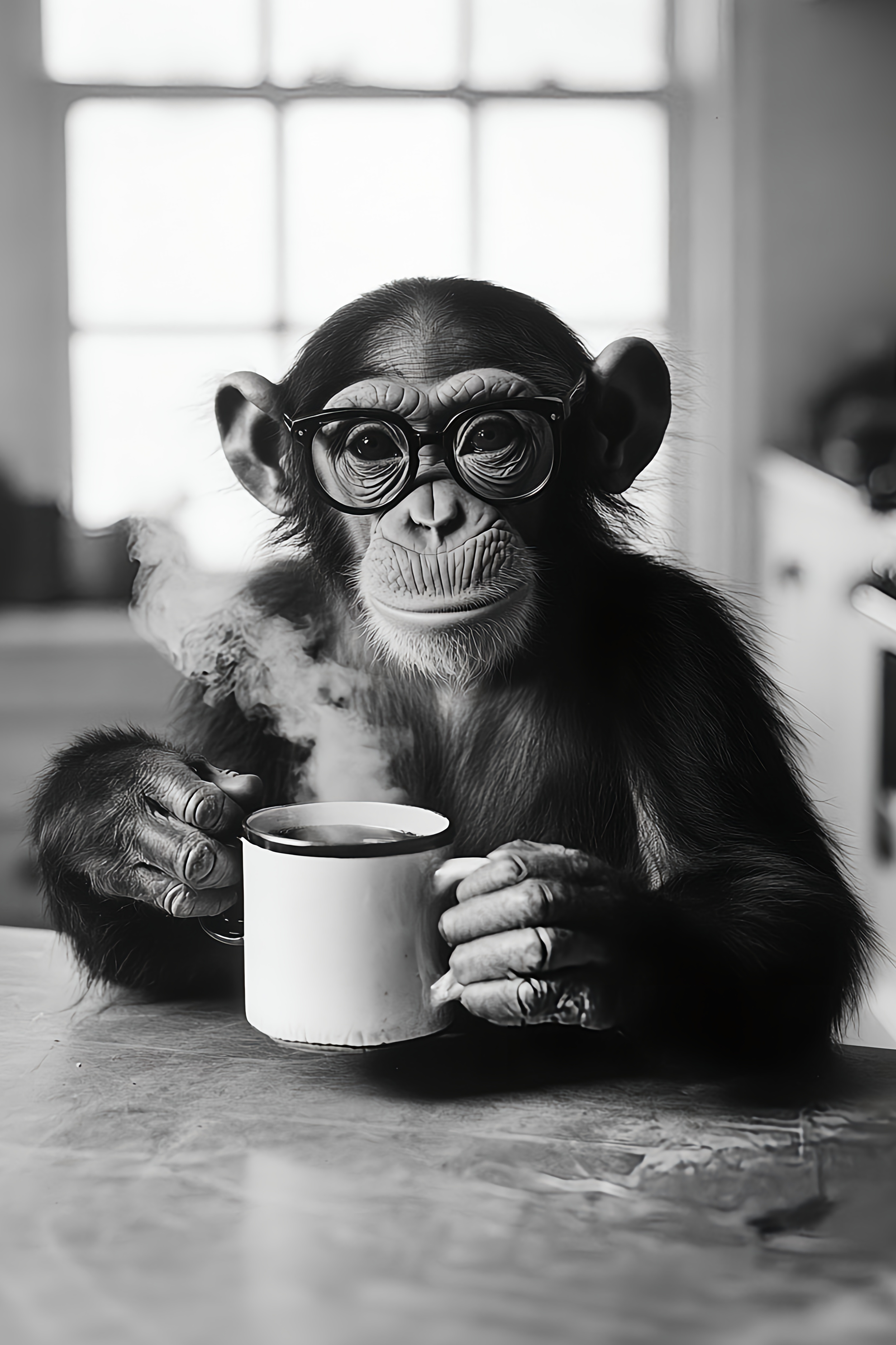 A Monkey Drinking a Mug of Coffee