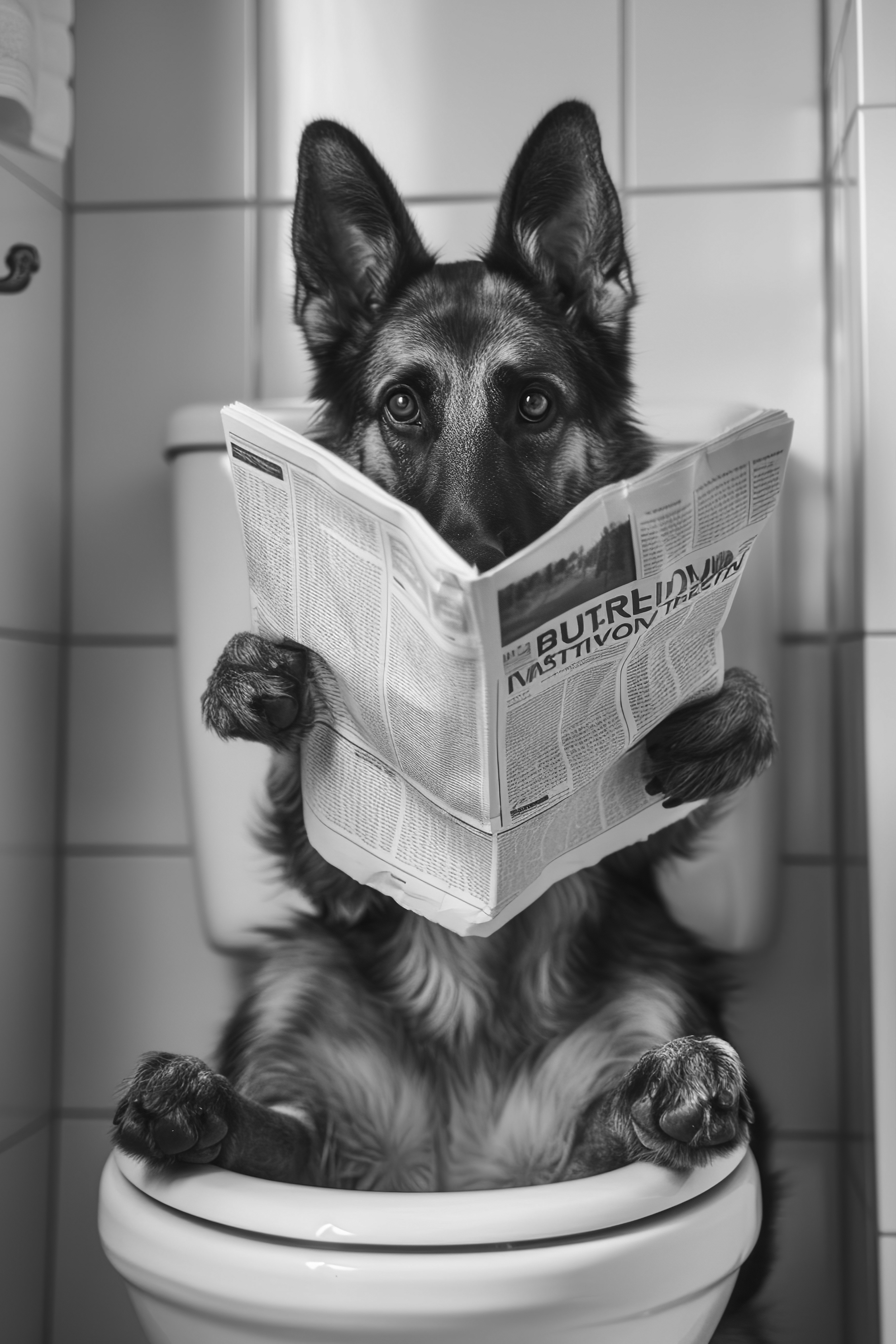 German Shepherd sat on the toilet bathroom fun