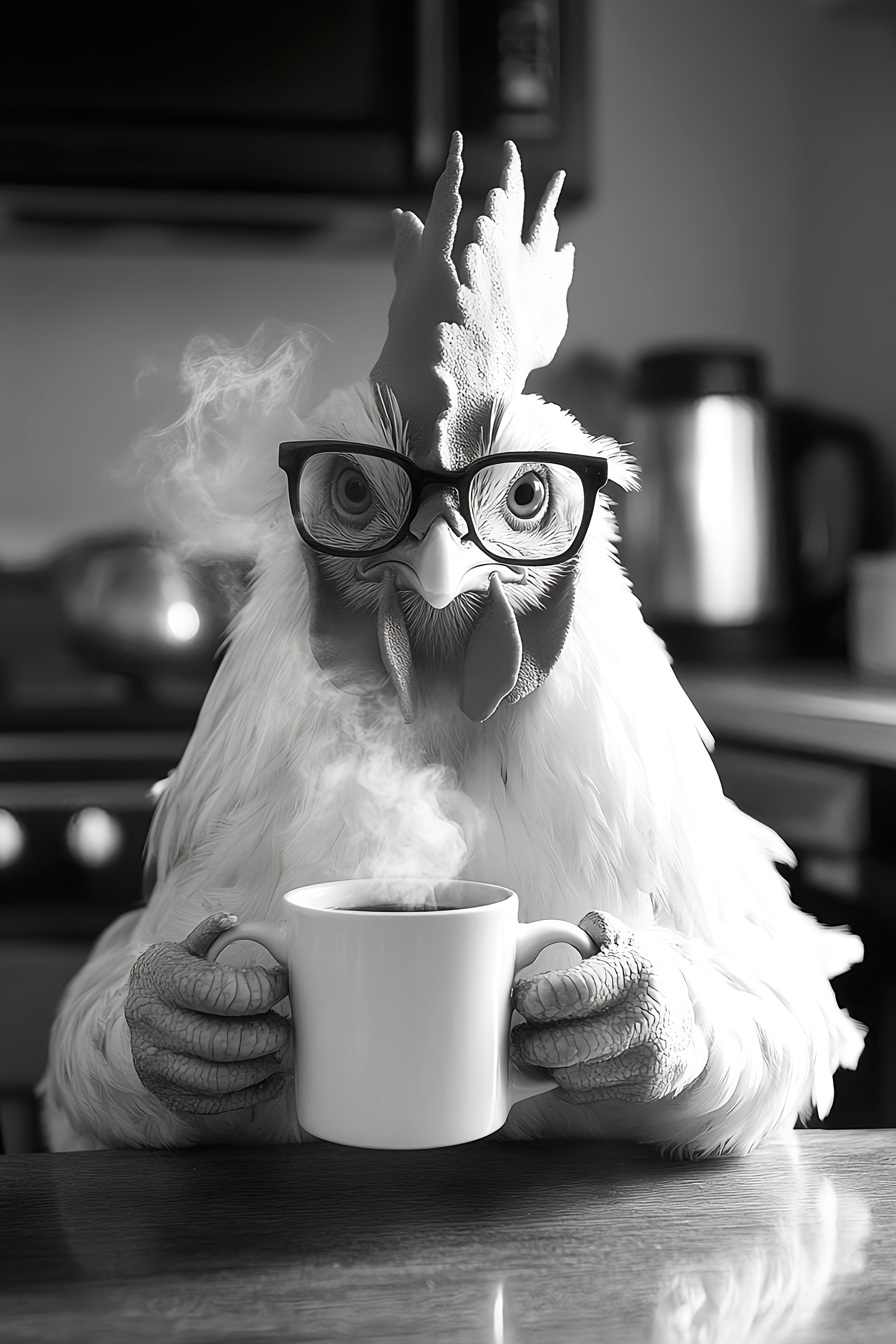 A Chicken Drinking a Mug of Coffee