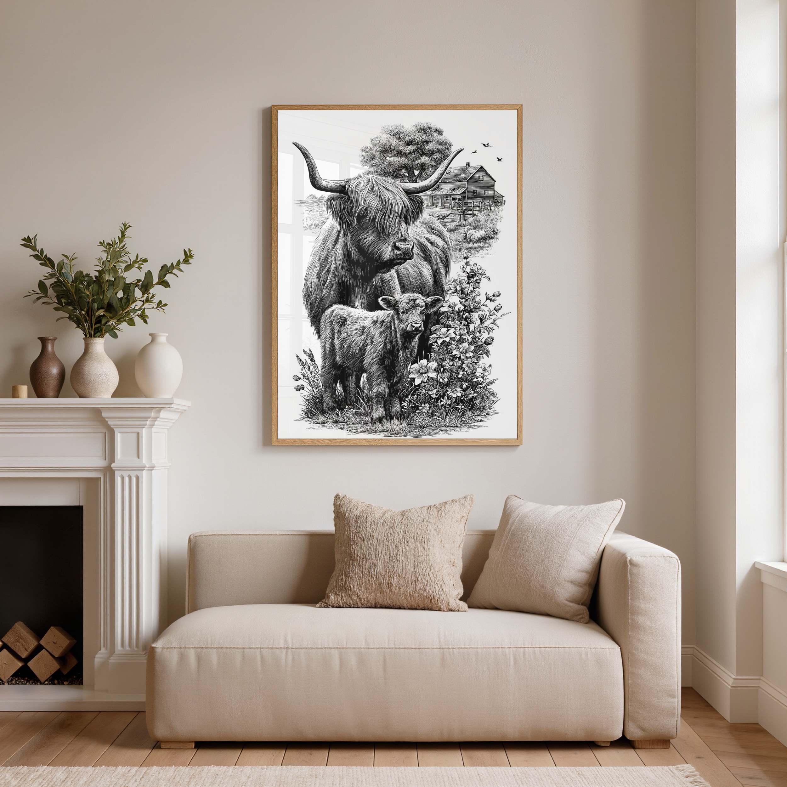 Highland Cow with Her Calf Wall Art Print or Poster