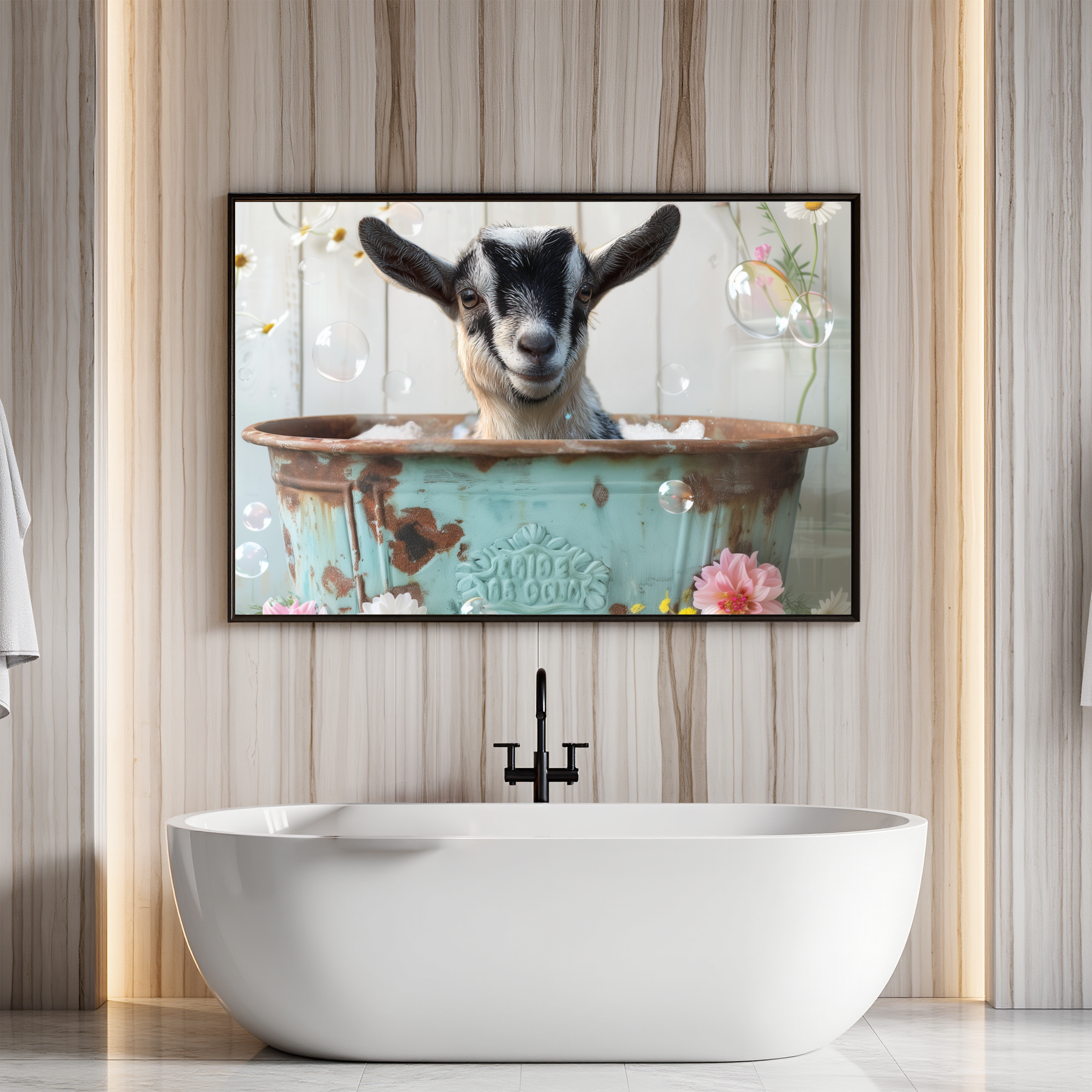 A modern freestanding bathtub in a bathroom with wood-paneled walls. Above the tub, there is a framed picture of a black and white goat with flowers and bubbles in the background.