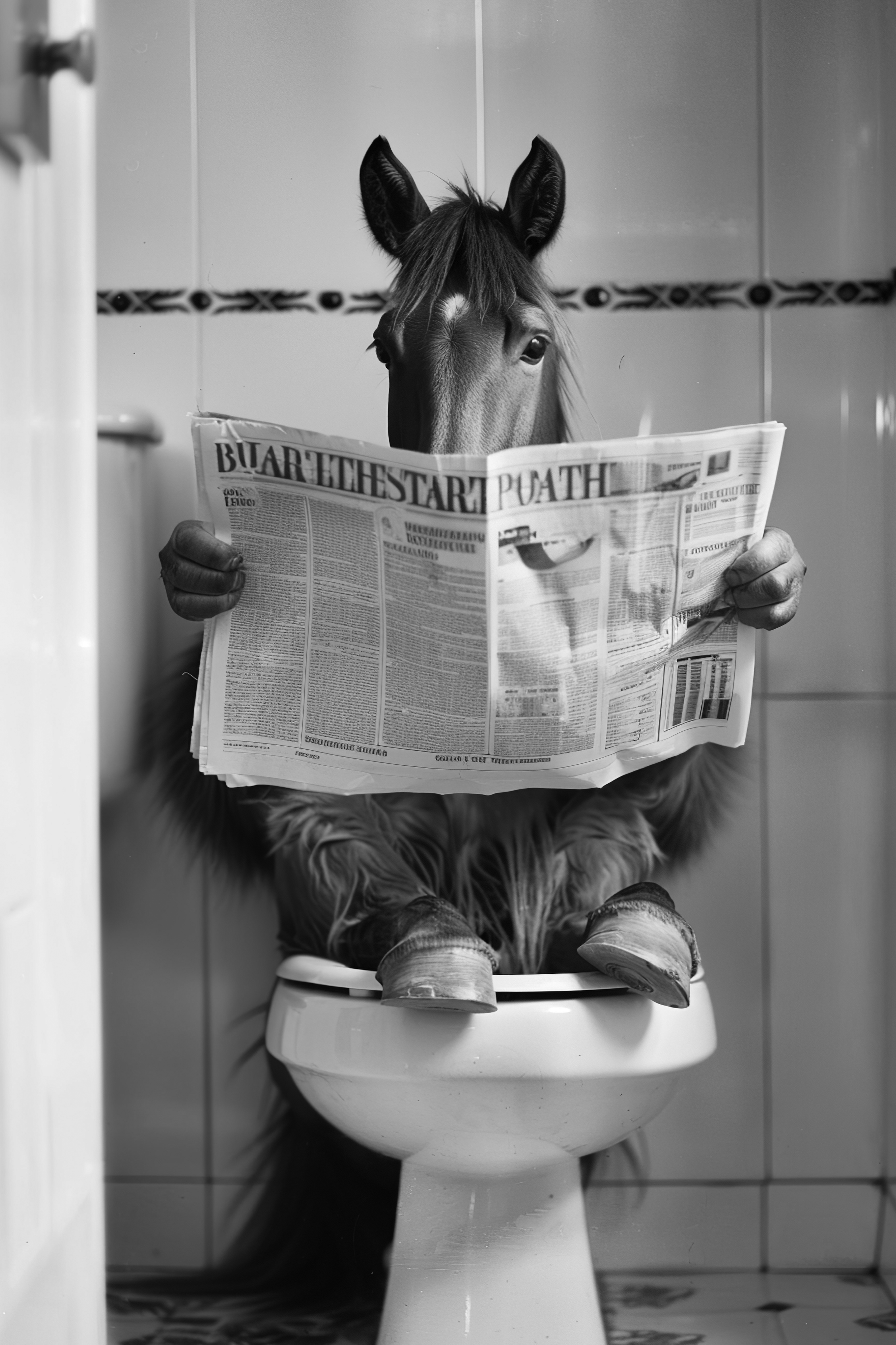 Horse sat on the toilet bathroom fun
