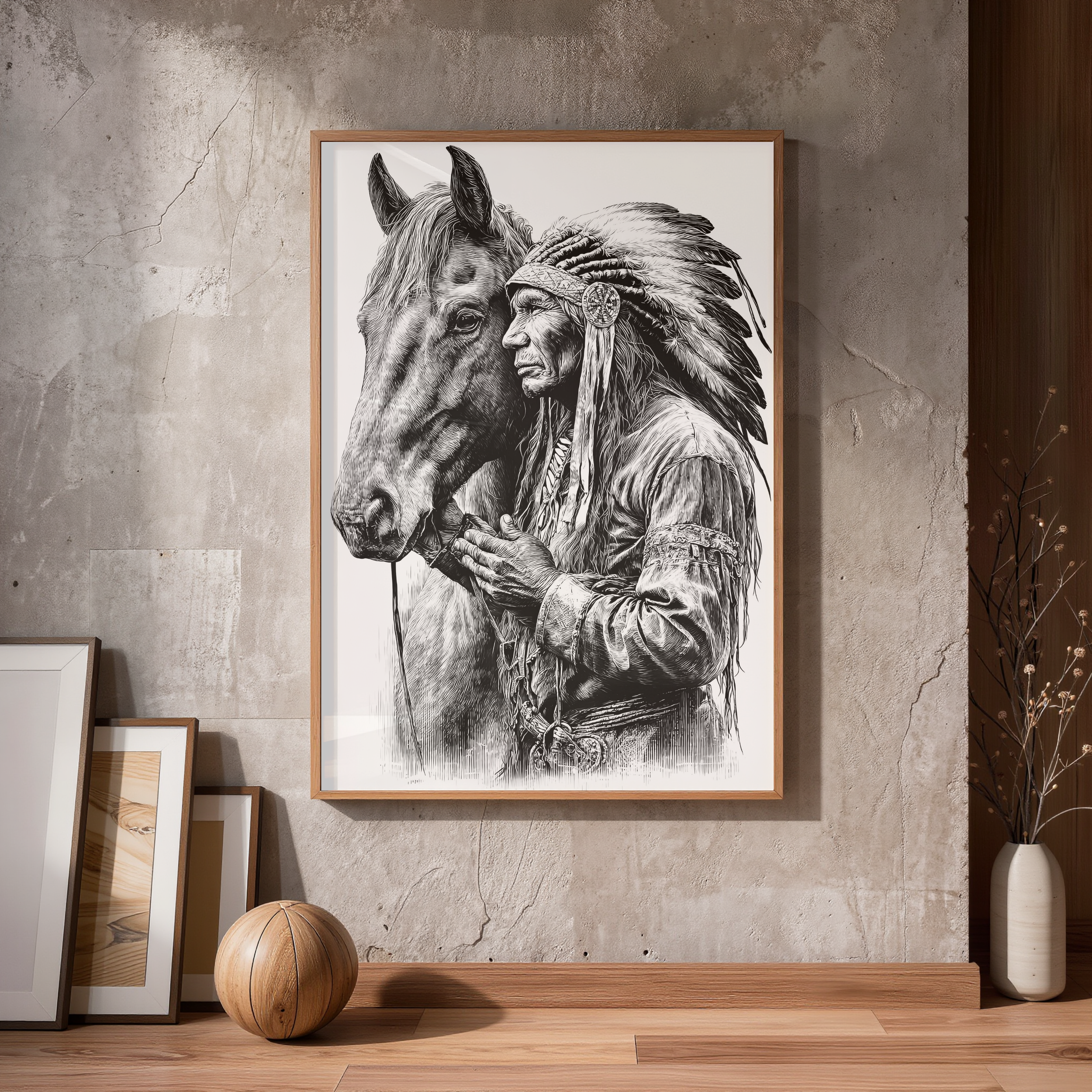 Native American Chiefwith His Faithful Horse Wall Art Print