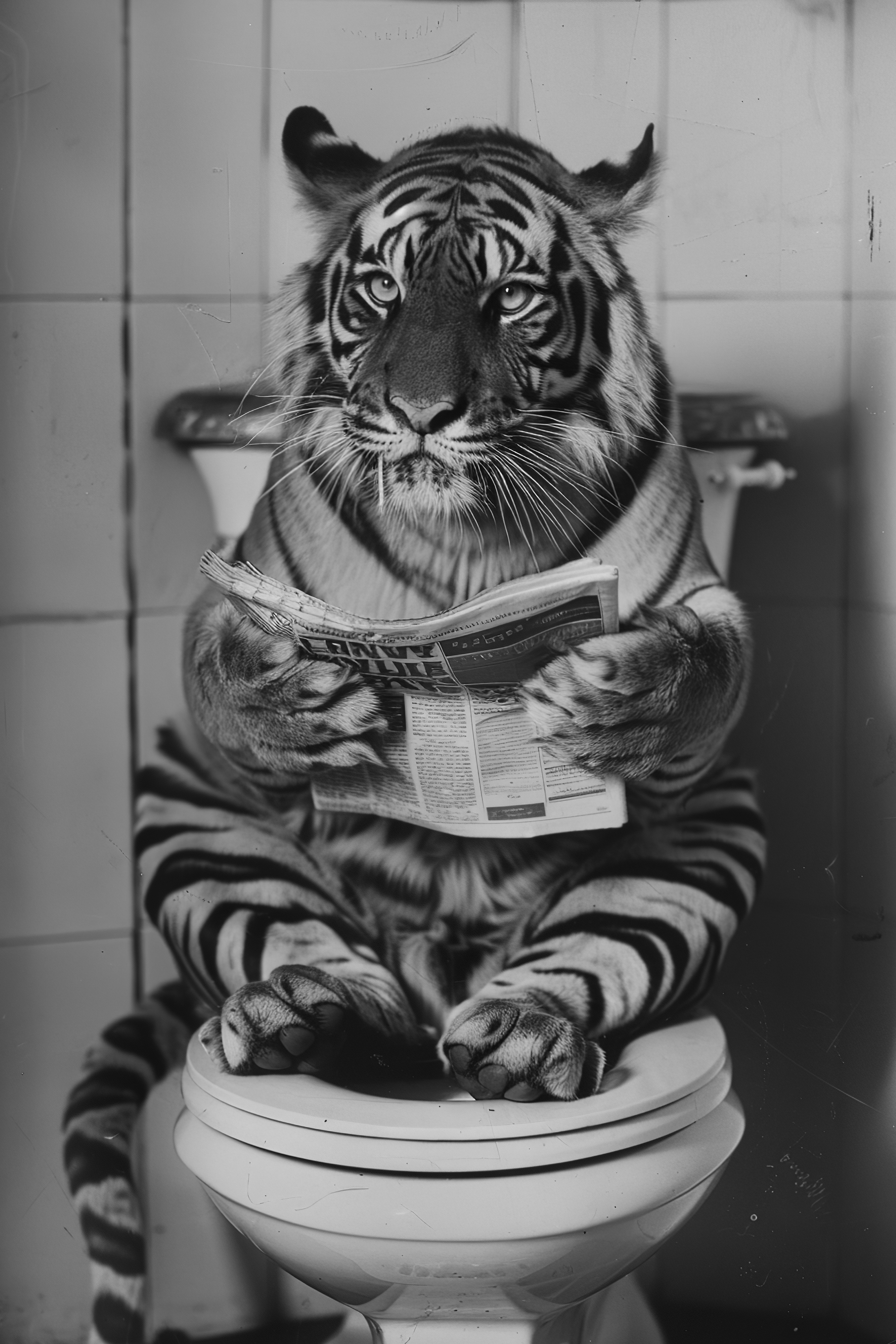 Tiger sat on the toilet bathroom fun