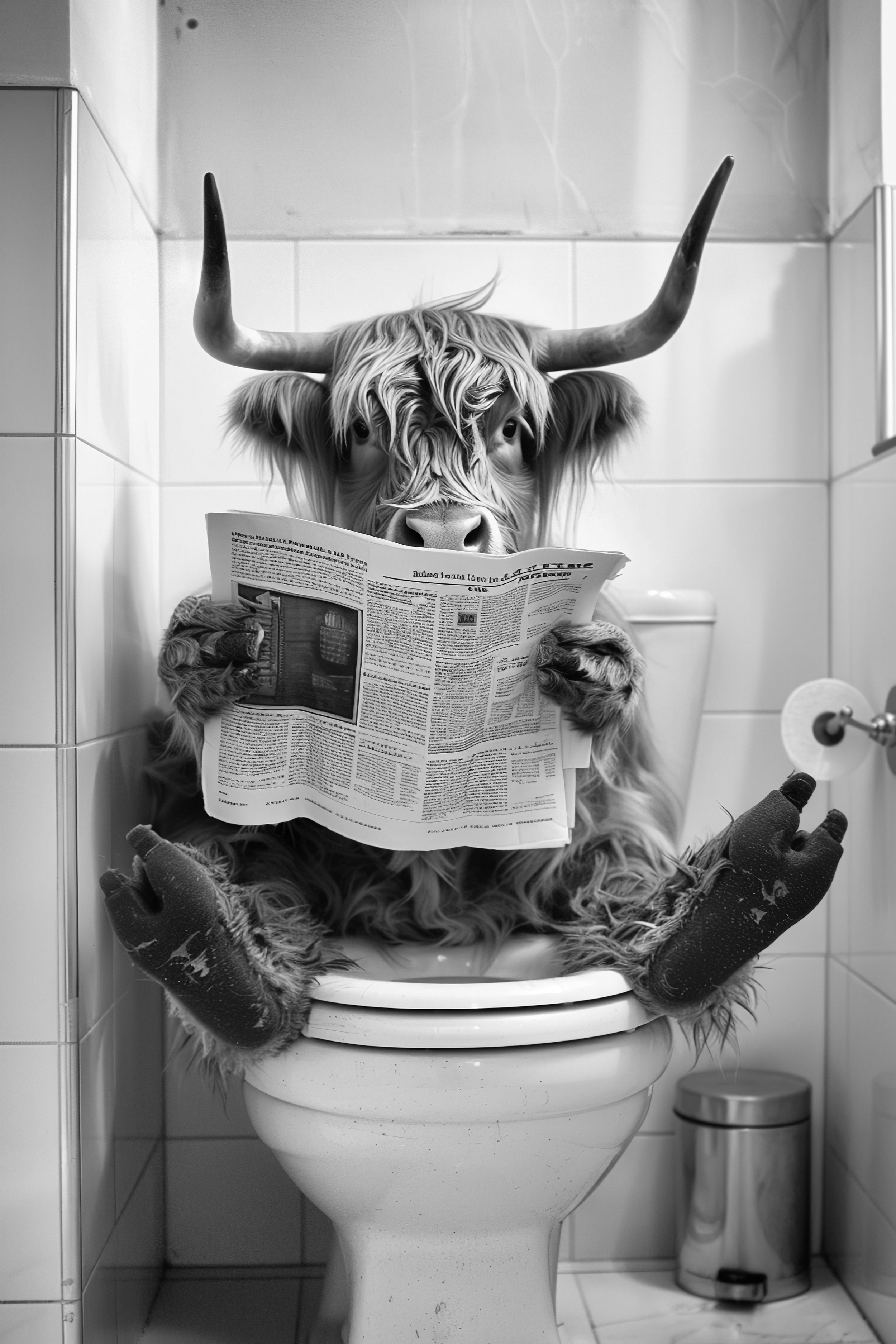 Highland Cow sat on the toilet bathroom fun