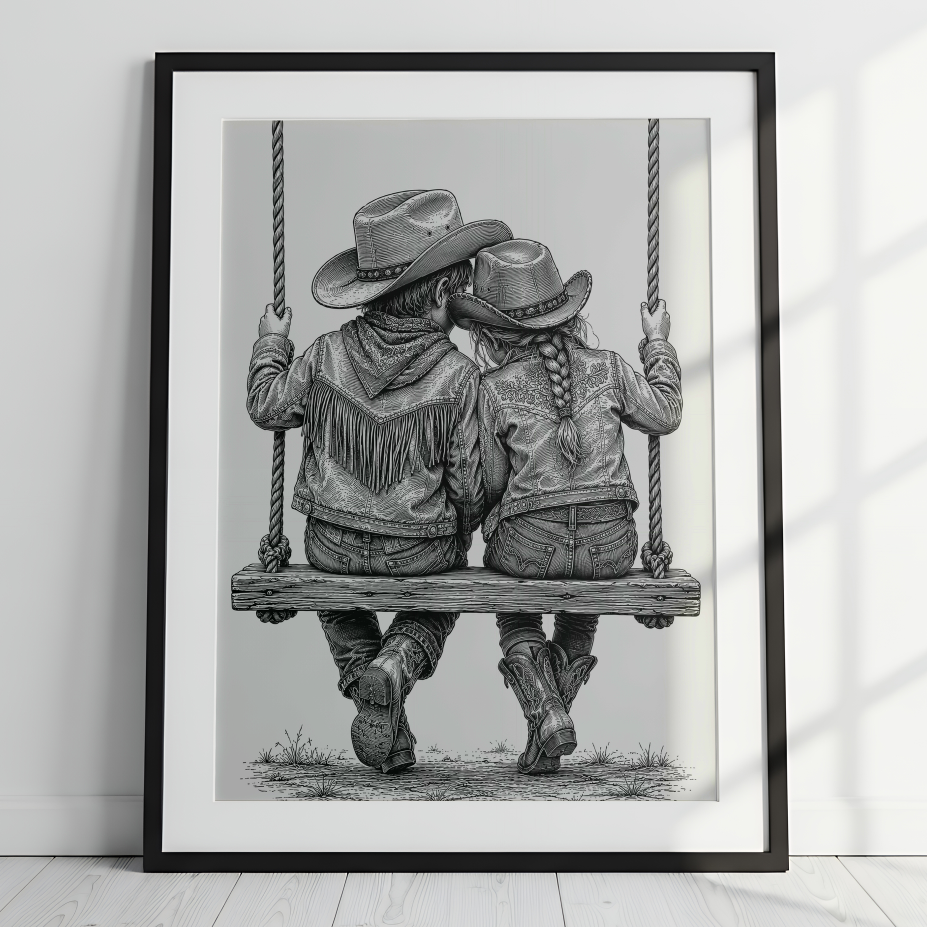 Loveable Cowboy Kids on Swing Wall Art Print