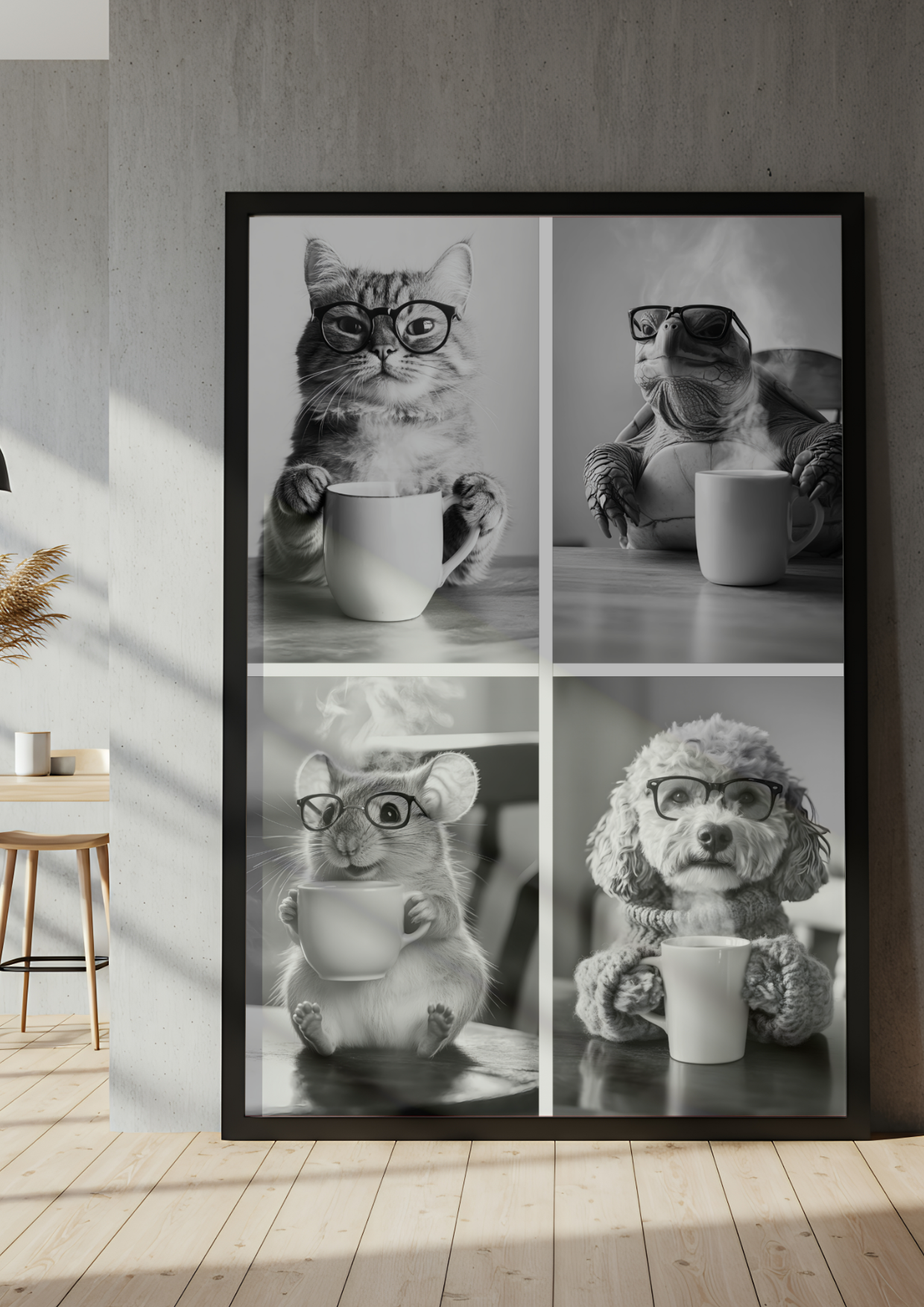 A Cat, Dog, Mouse & Tortoise Drinking Coffee