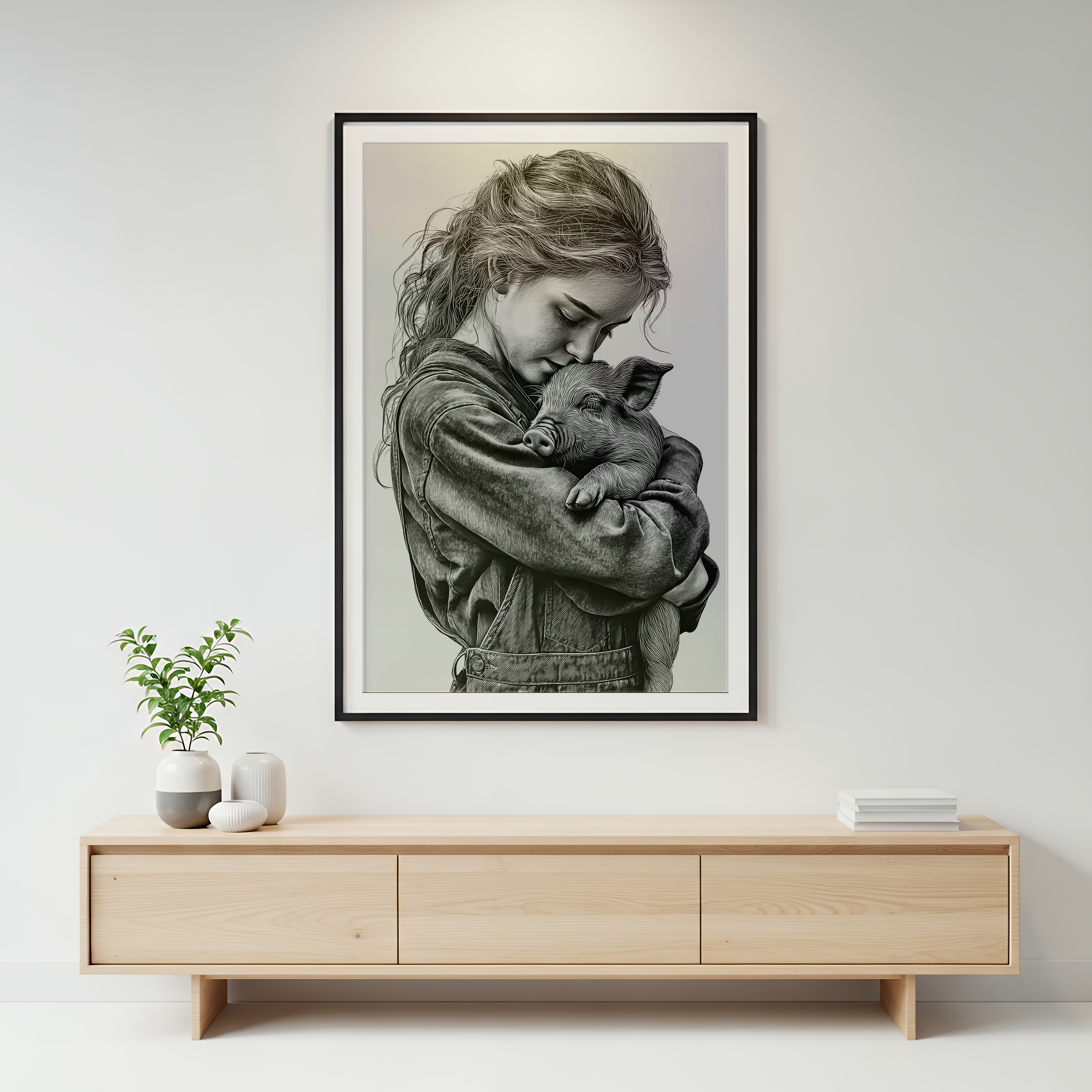 Girl Cuddling a Baby Pig Wall Art Print or Poster