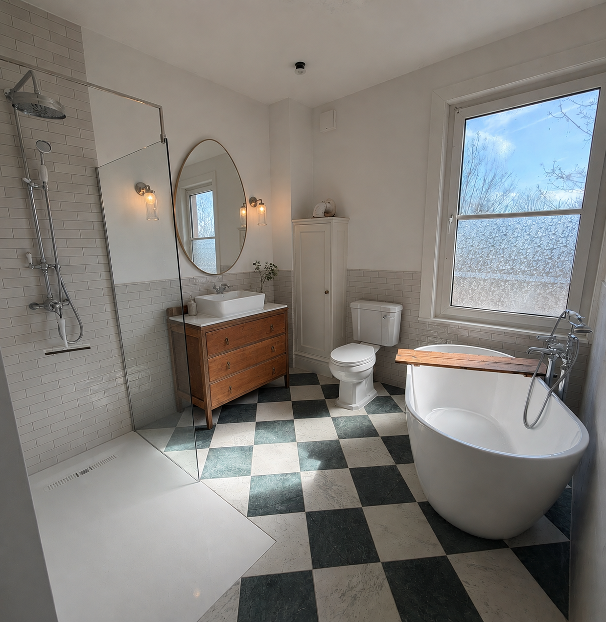 Modern bathroom with black and white checkered floor, featuring a walk-in shower with glass enclosure, a white bathtub with a wooden tray, a white toilet, a wooden vanity with vessel sink and oval mirror, a white cabinet, and a large window with fros