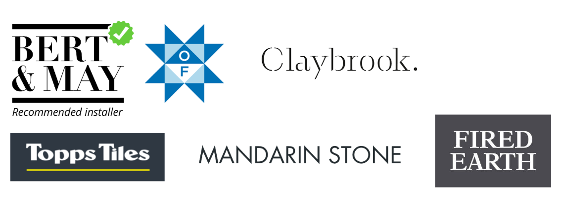 A collection of tiles and brand logos, including Bert & May, Off The Wall, Claybrook, Topps Tiles, Mandarin Stone, and Fired Earth.