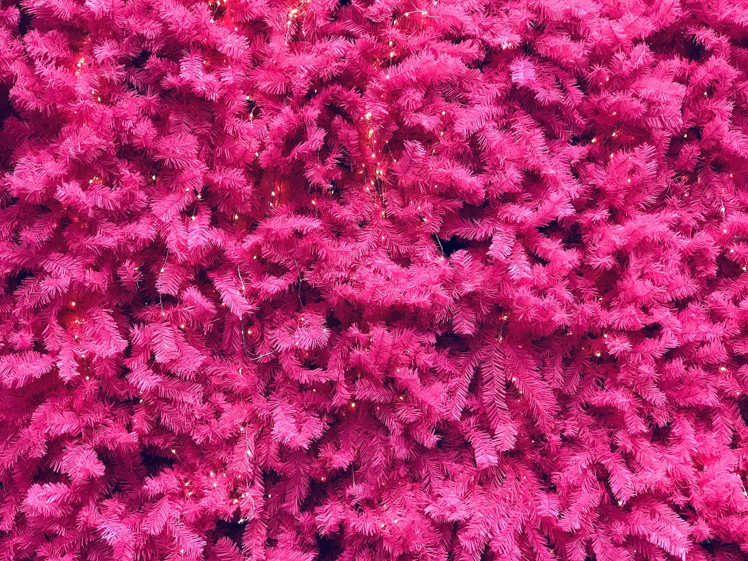 Pink artificial Christmas tree with small lights.