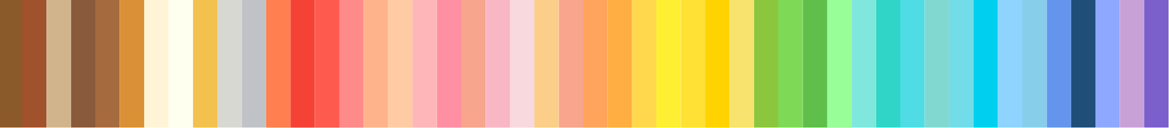 A rainbow spectrum of colors arranged from brown to purple.