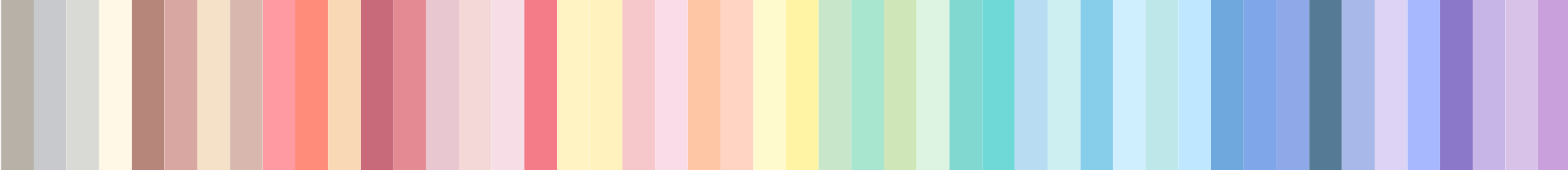 A colorful palette of vertical paint swatches arranged in a gradient from light grays to blues, greens, yellows, oranges, reds, and pinks.