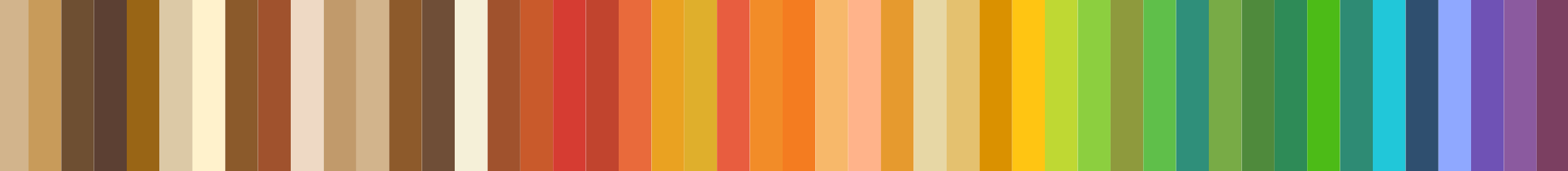 A horizontal strip of color swatches showing a rainbow spectrum from browns, reds, oranges, yellows, greens, blues, and purple.