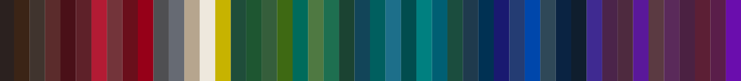 A horizontal palette of color swatches arranged from black to purple, including shades of brown, red, gray, beige, yellow, green, blue, and violet.