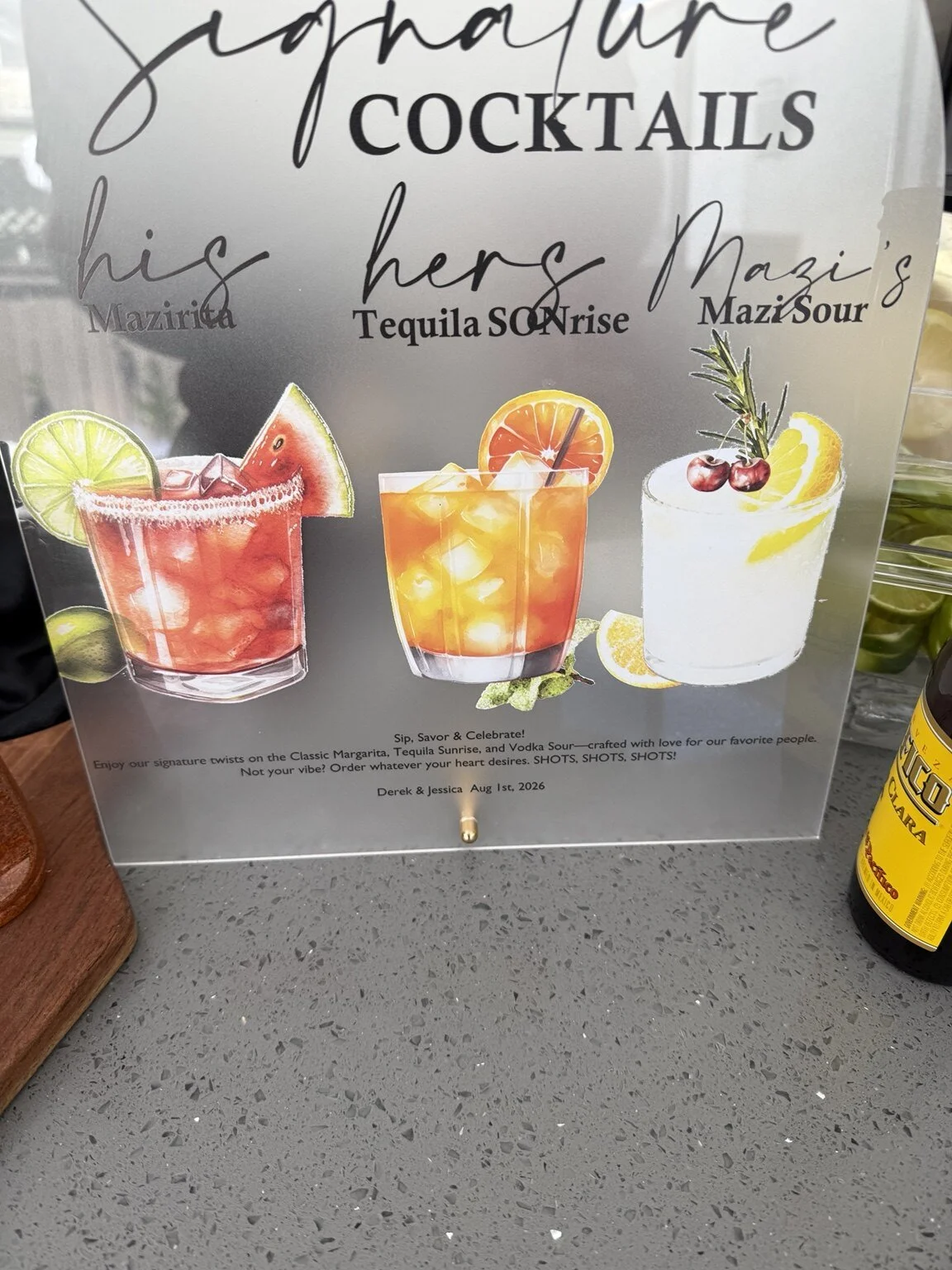 Custom signature cocktail menu featuring three personalized event drinks
