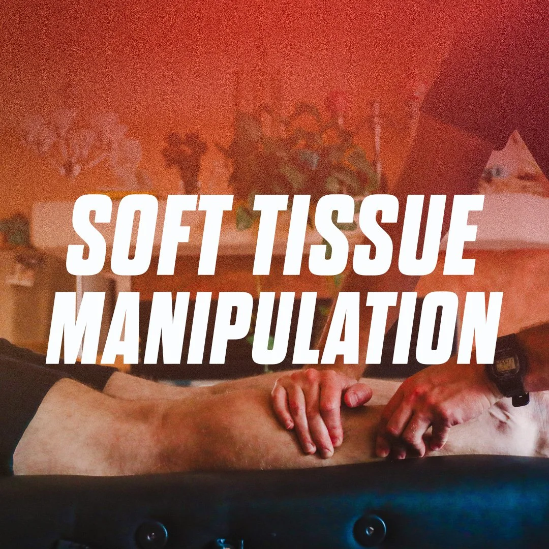 Person receiving a massage with the text "Soft Tissue Manipulation" overlayed.