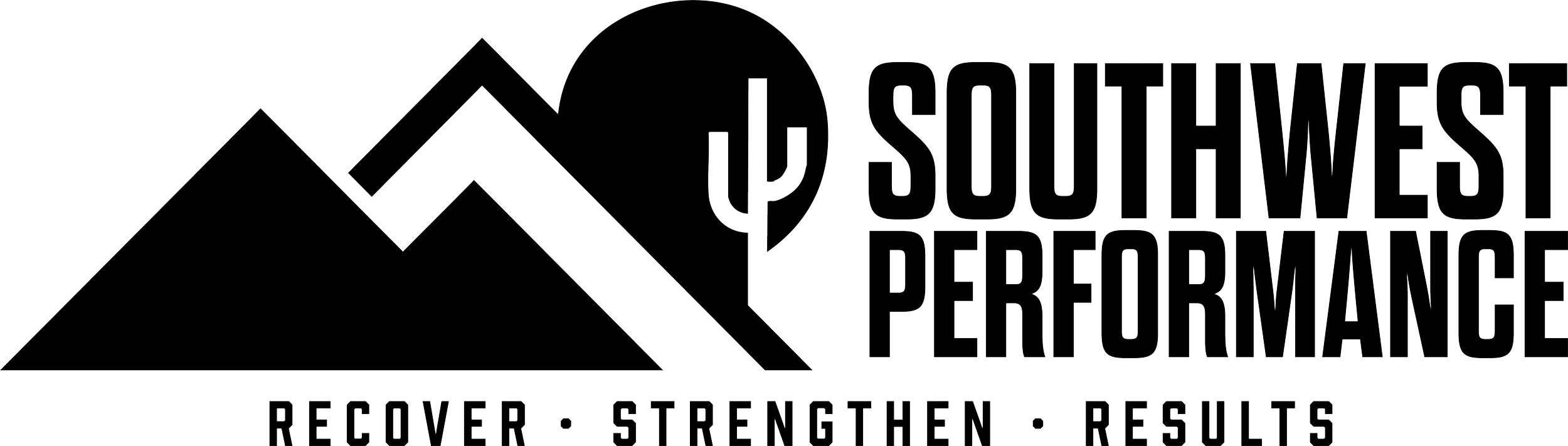 Black and white logo for Southwest Performance with mountain peaks, a speech bubble with a stylized 'S' logo, and words 'Southwest Performance' and 'Recover, Strengthen, Results'.