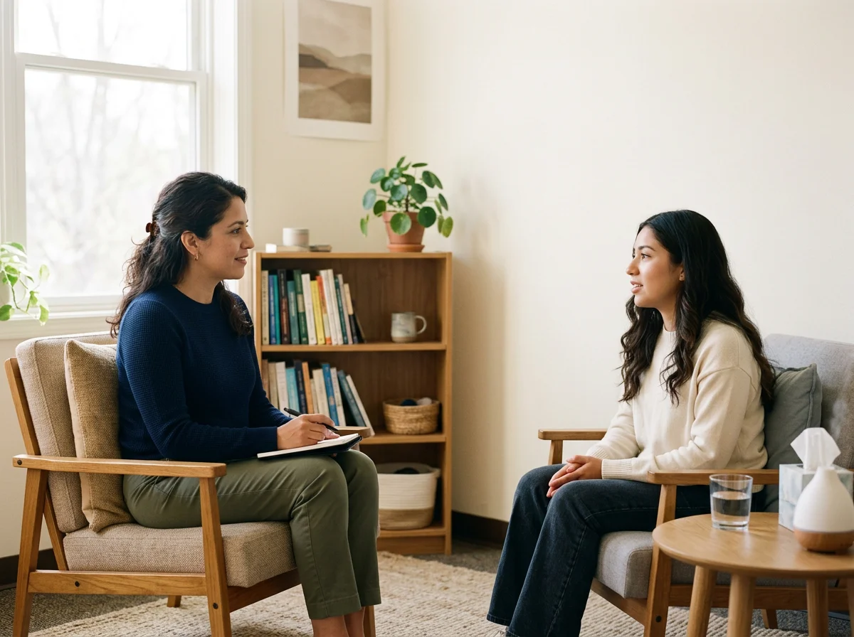Two women having a conversation in a cozy, well-lit room with a bookshelf, plant, and framed art on the walls. One woman is sitting on an armchair, holding a notepad, while the other is sitting on a futon sofa across from her. There is a glass of water and tissue box on the side table.