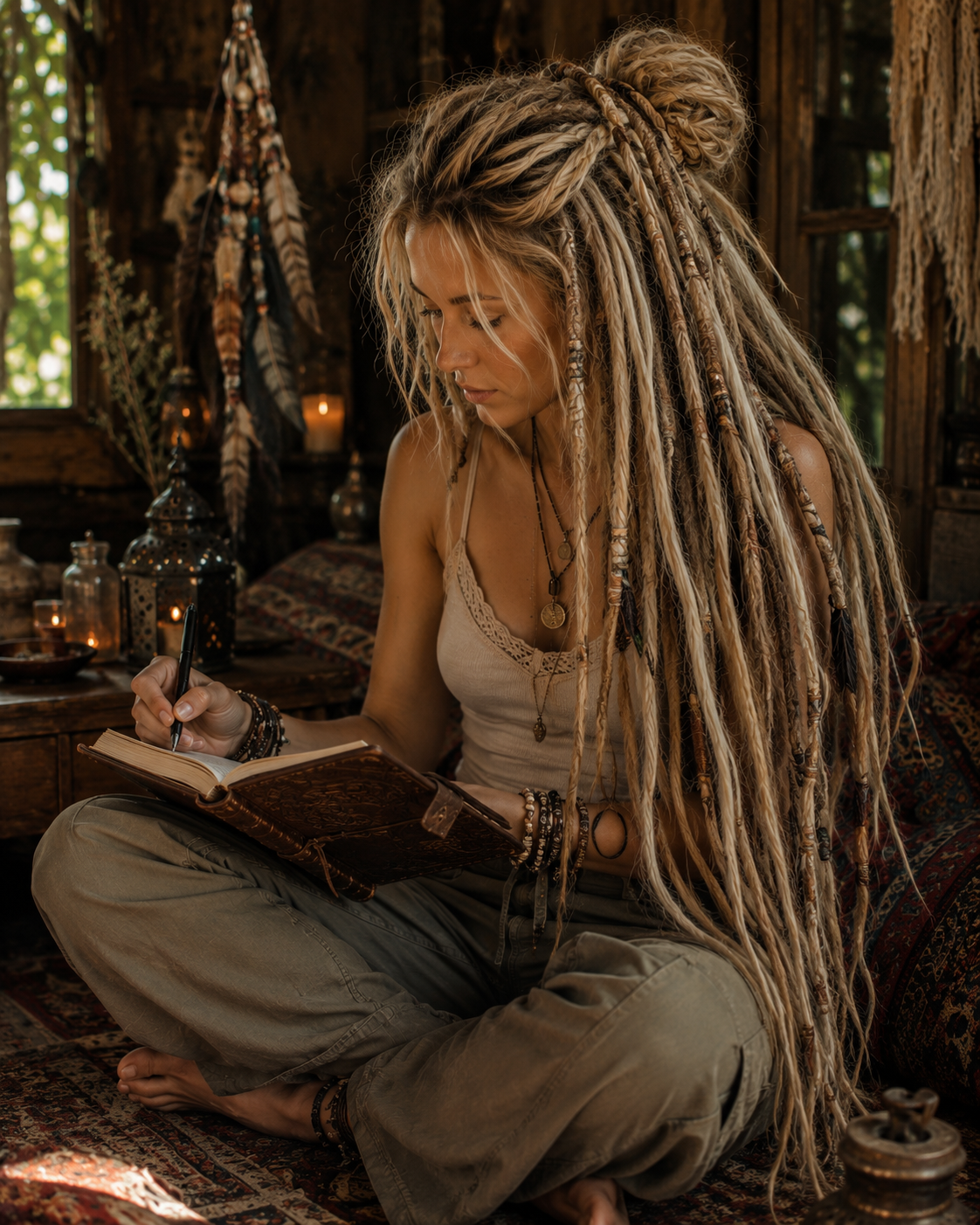A young woman with long, blonde dreadlocks sitting cross-legged and writing in a journal inside a rustic, dimly lit room decorated with feathers, candles, and dark wooden furniture.