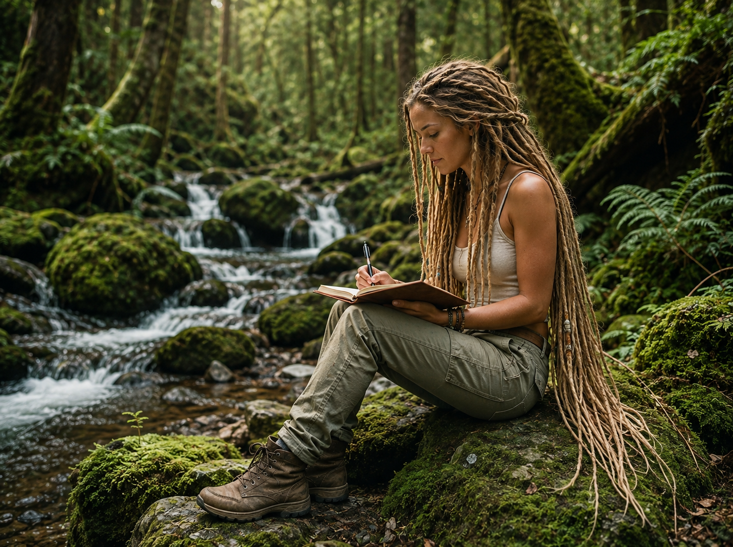 A woman with long dreadlocks wearing a tank top, cargo pants, and boots, sitting on a mossy rock in a lush forest with a stream, writing in a notebook.
