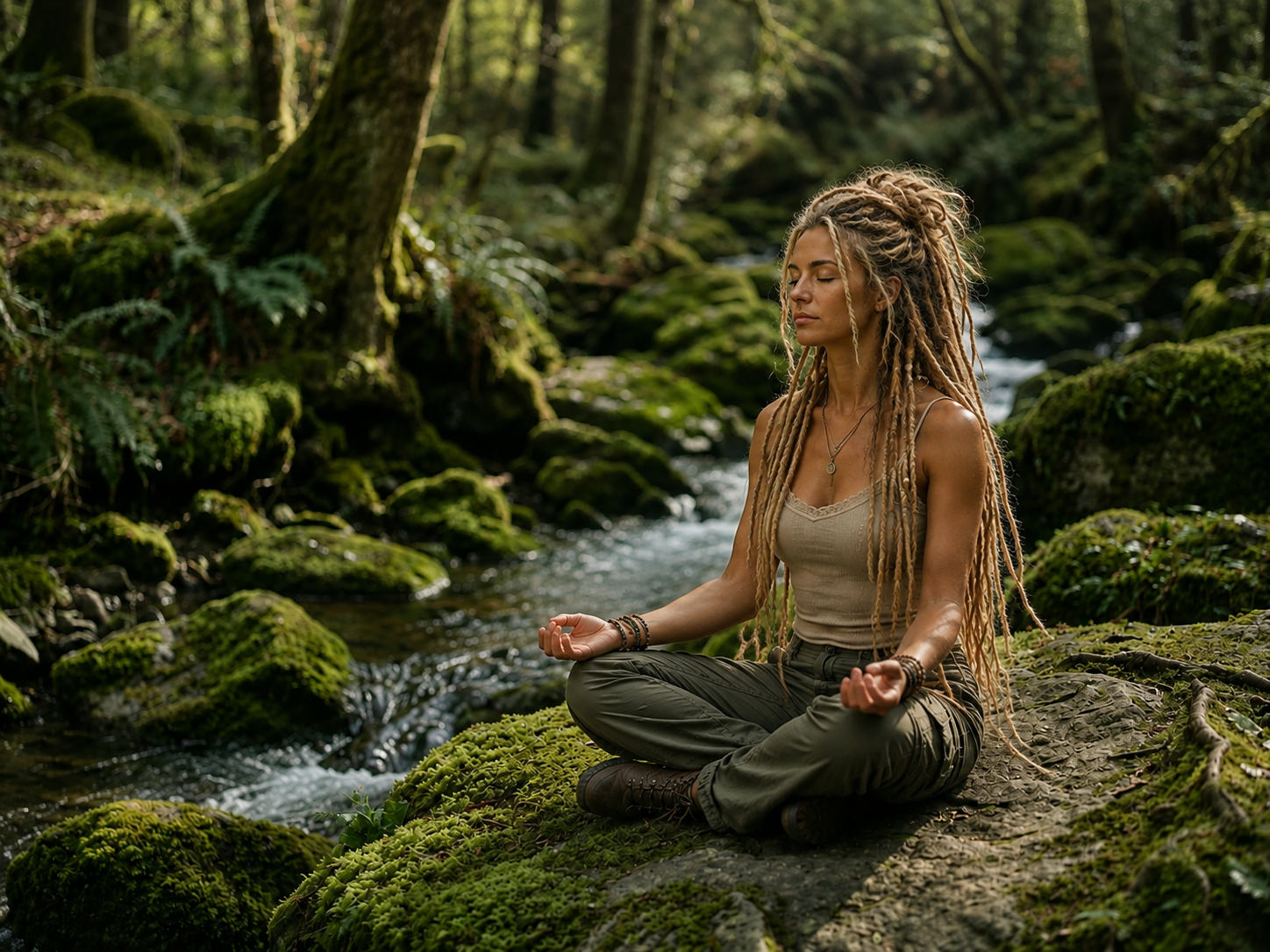 A woman with long dreadlocks practicing meditation on moss-covered rocks beside a stream in a forest.