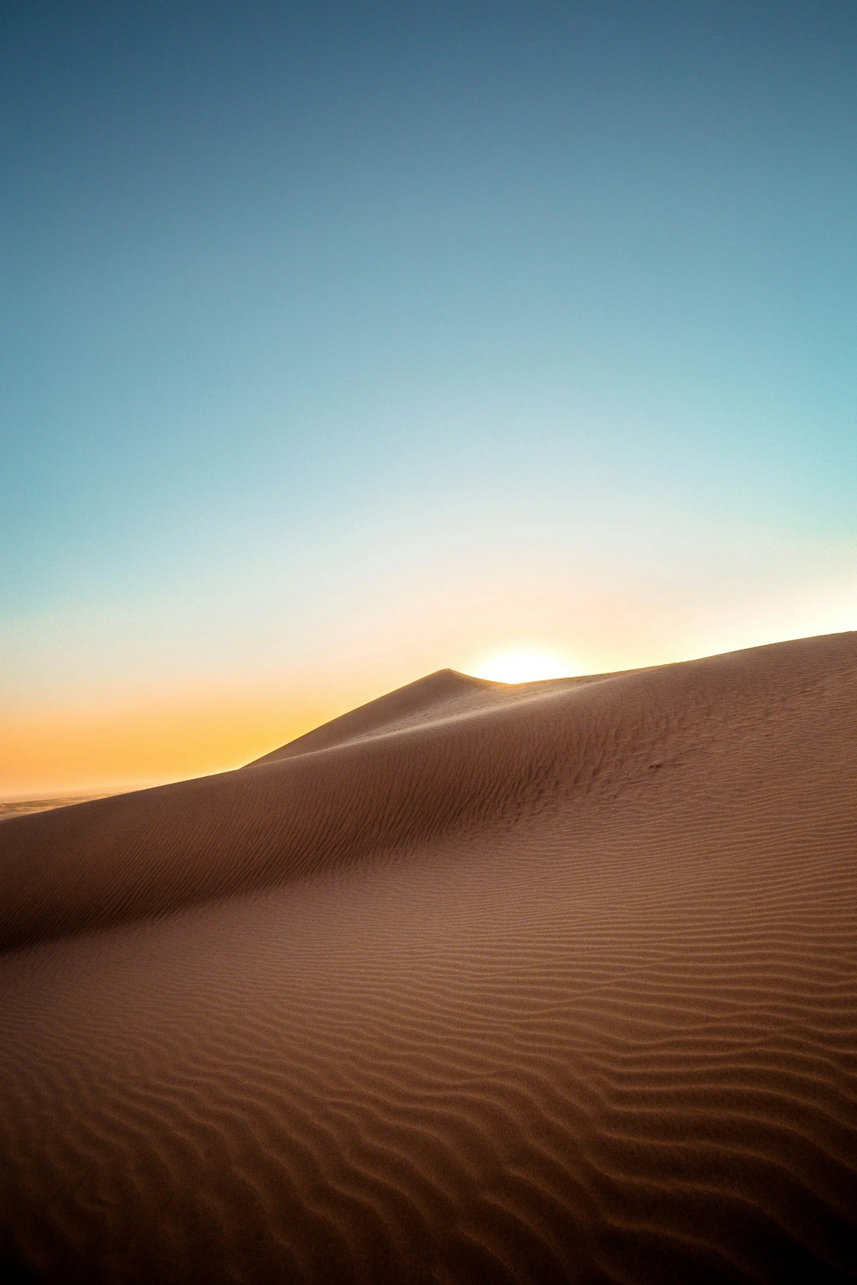 Sand dunes in a desert during sunset with a clear sky.