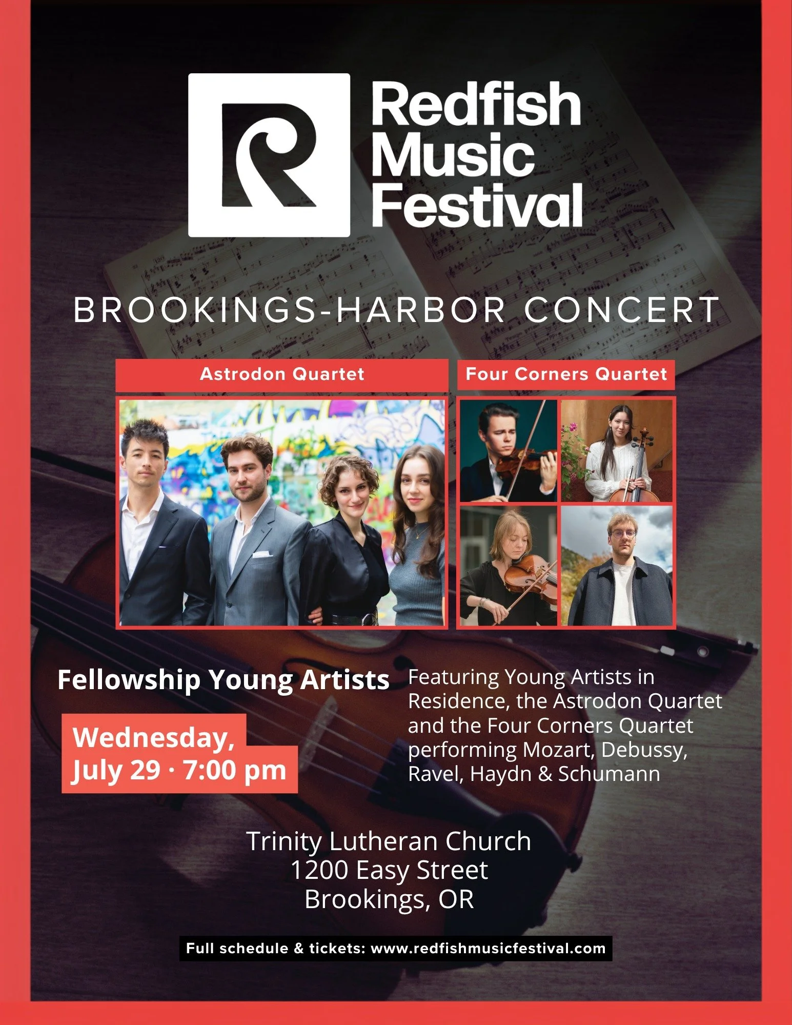 Tomorrow: Chamber music in Brookings! 🎻

Fellowship Young Artists in Brookings: Wed July 29 &middot; 7pm &middot; Trinity Lutheran Church , 1200 Easy St, Brookings

Our Fellowship Young Artists take the stage at Trinity Lutheran with a program that 