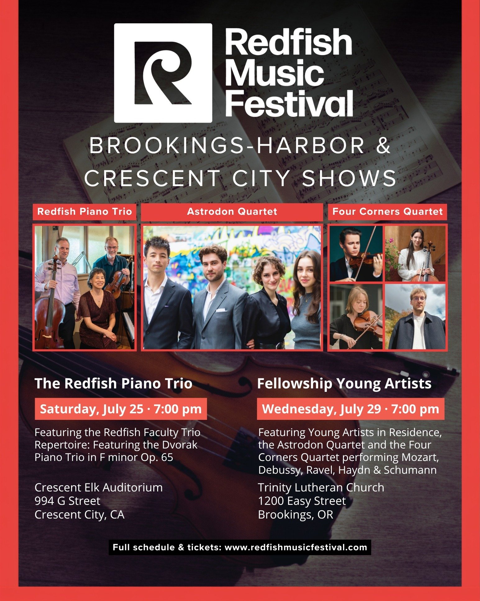 Two nights where the Oregon coast meets California! 🎶

First up: The Redfish Piano Trio in Crescent City on Saturday, July 25 @ 7pm &middot; Crescent Elk Auditorium, 994 G St, Crescent City, CA

The Redfish Piano Trio brings serious credentials to C
