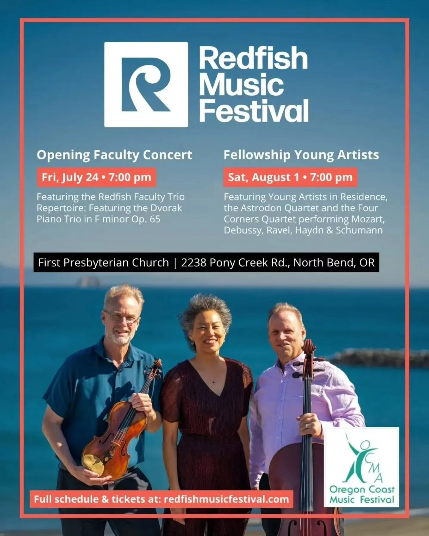 North Bend, we're bringing you two nights! 🎶 🌊

The Redfish Music Festival opens and nearly closes on your stage this season, both at First Presbyterian Church, co-sponsored by our friends at the @orcoastmusicfest.

Friday, Jul 24 &middot; 7pm: Ope
