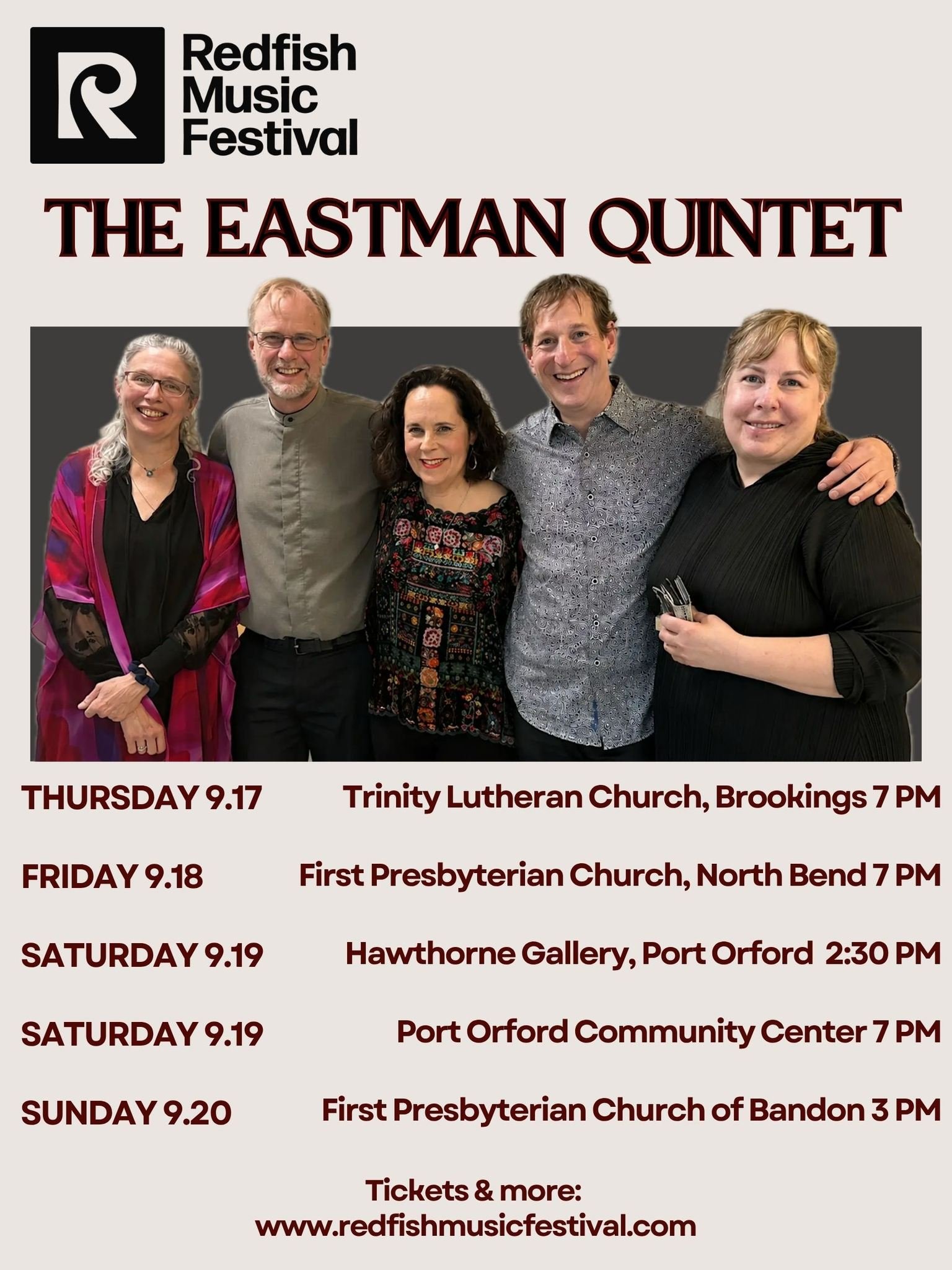This weekend, treat yourself to an evening of classical music!
The Eastman Quintet will be performing works by Franz Schubert, and Johannes Brahms at four different locations along Oregon's beautiful southern coats. 
We are also excited to be collabo