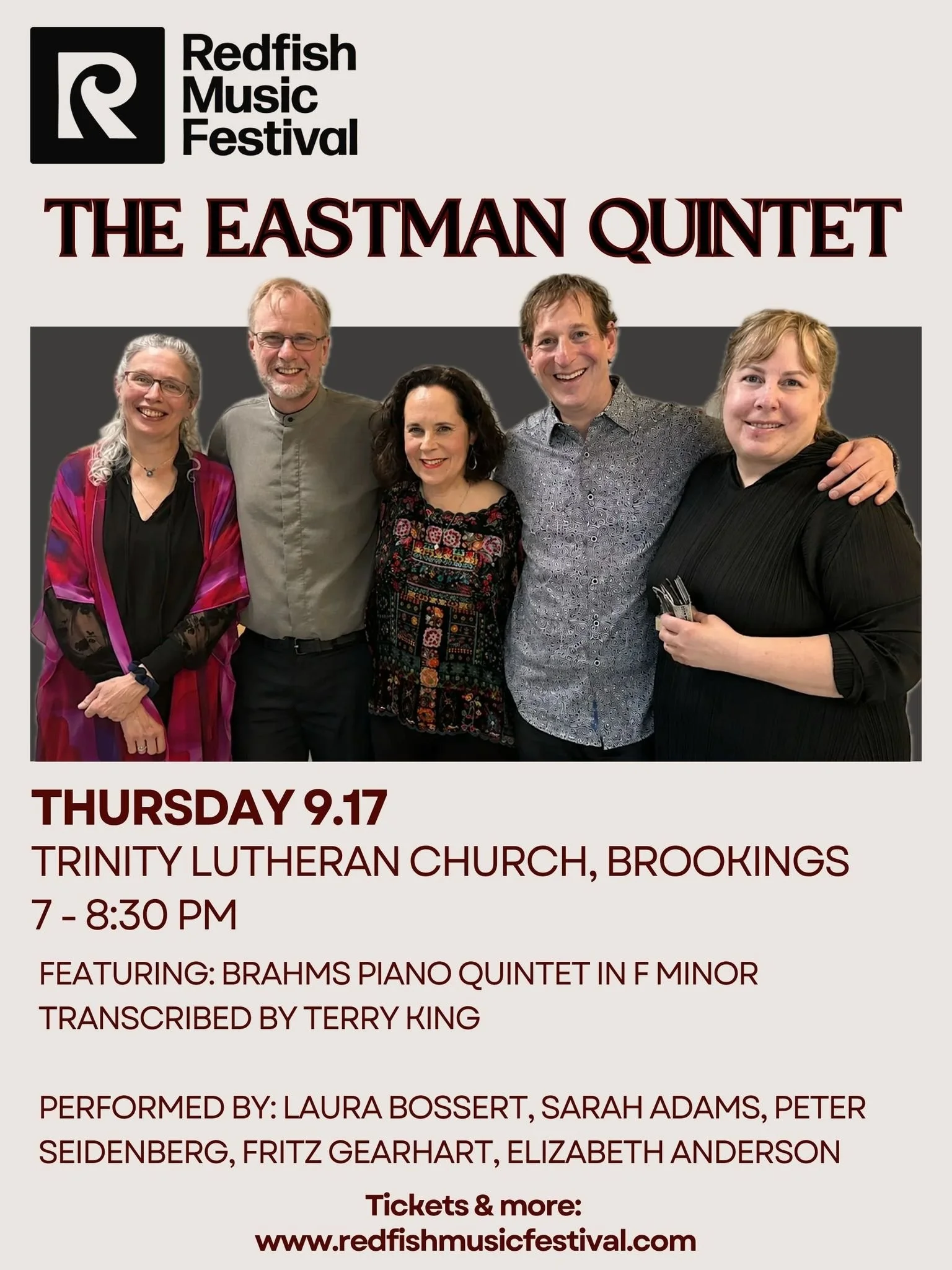 Join us tonight at Trinity Lutheran Church in Brookings, for the inaugural concert of our September tour, featuring the highly anticipated Eastman Quintet! 
For our first winter tour, the Redfish Music Festival commissioned a brand new piece by David