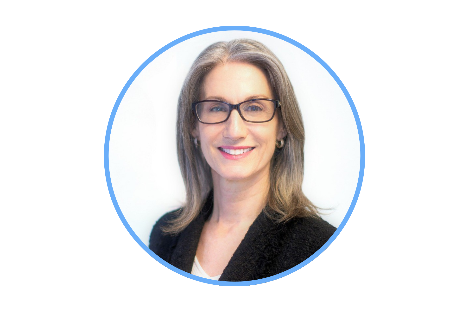 Photograph of a middle-aged woman with shoulder-length gray hair, wearing glasses and a black blazer, smiling against a white background.